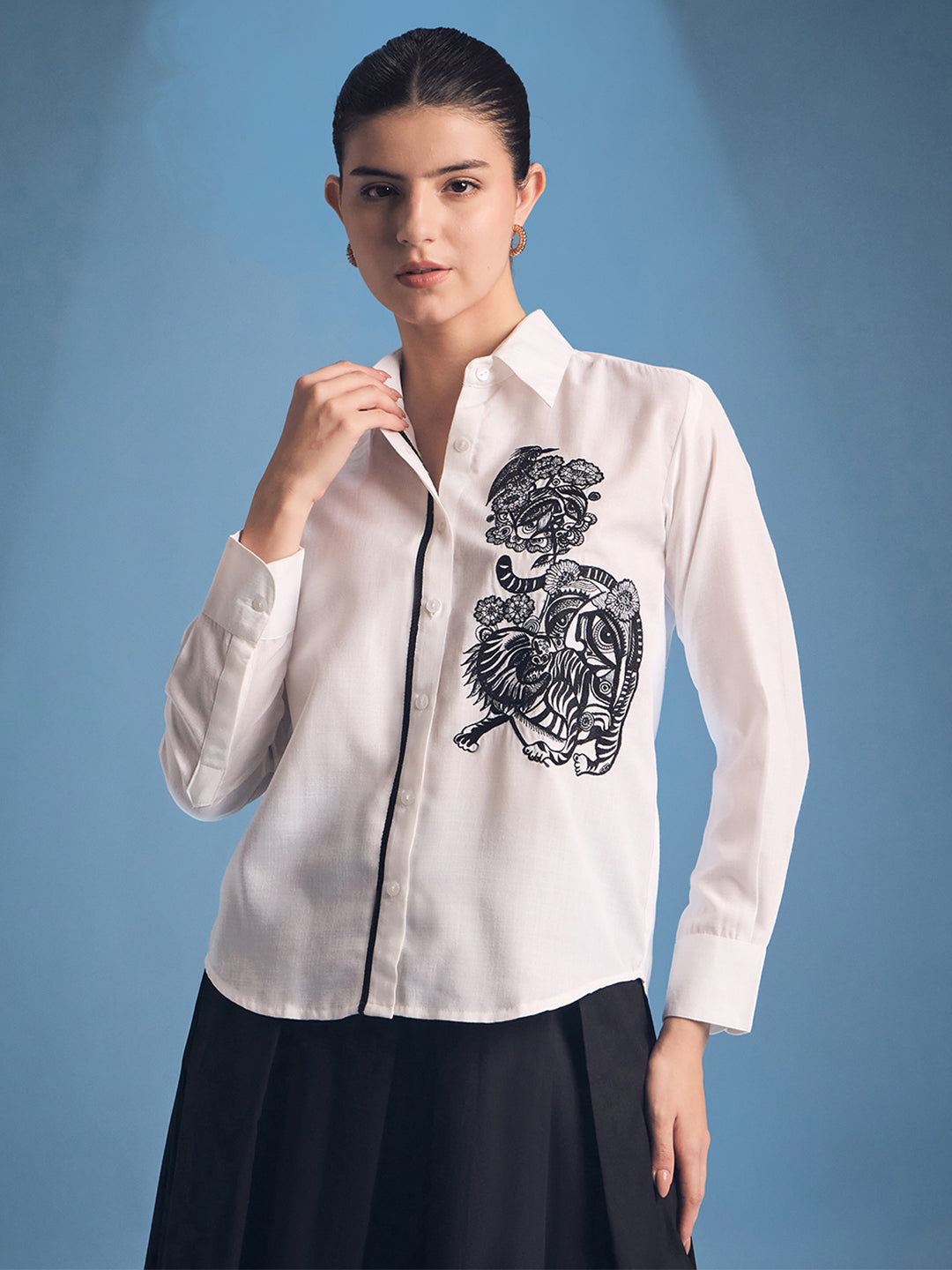 Embroidered Contrast Lace Detailing Linen Shirt - Uptownie