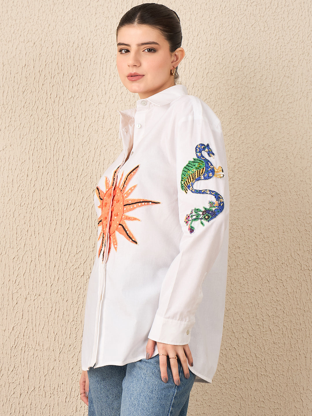 Sun & Dragon Applique Cotton Shirt - Uptownie