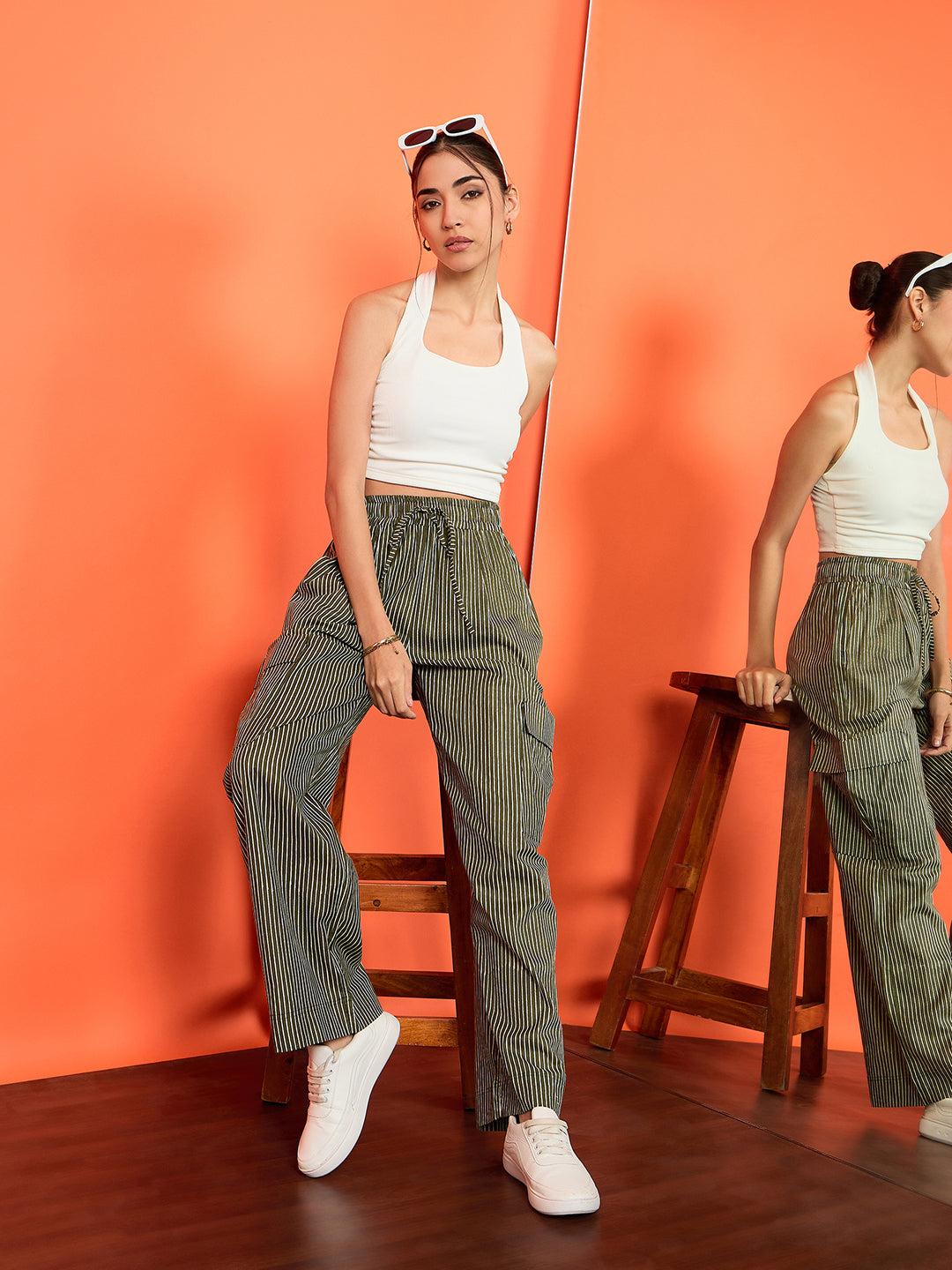 Striped Cargo Trousers with Elasticated Waistband - Uptownie