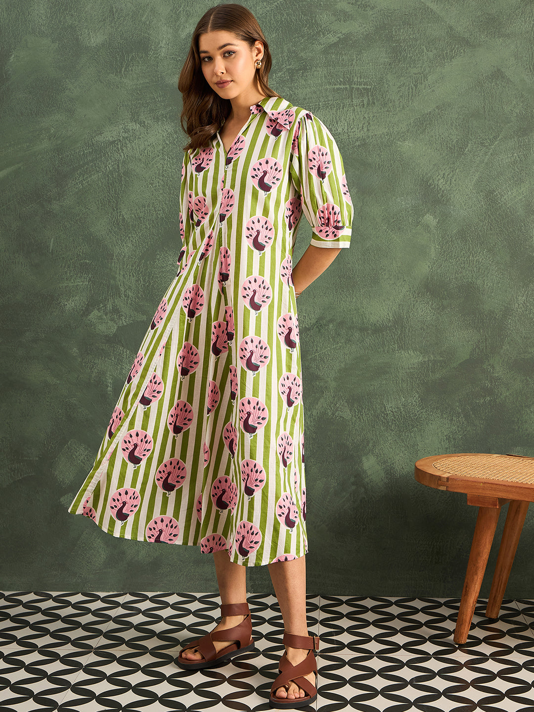 Front Pleated Cotton Midi Dress