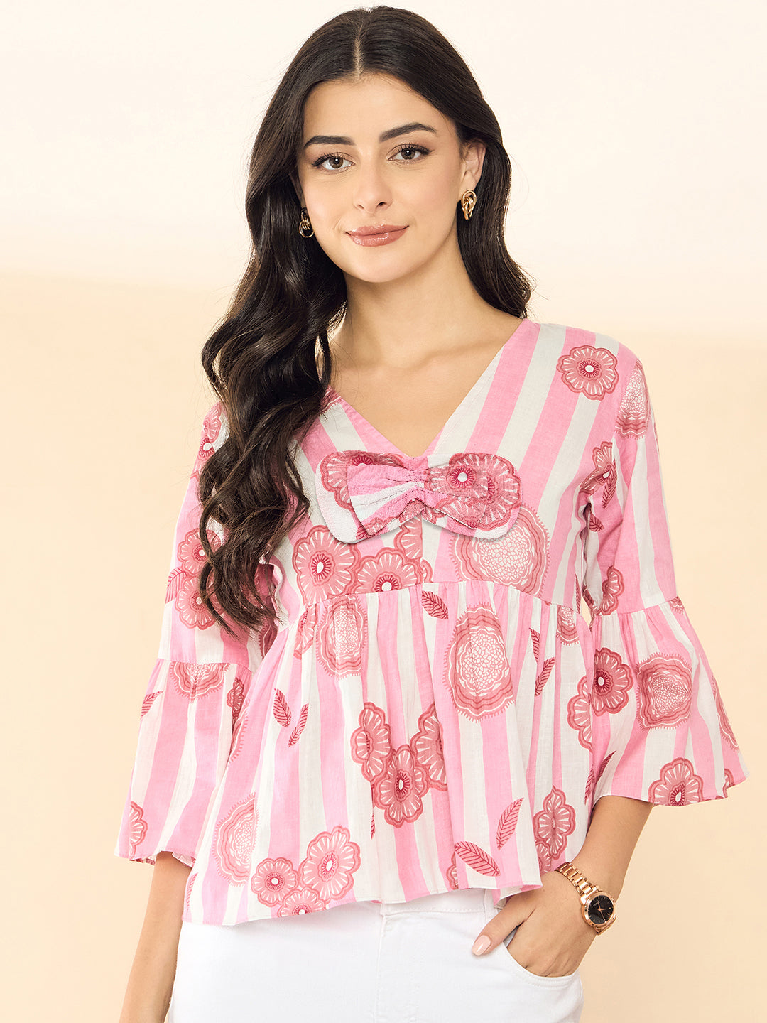 Bell Sleeve Cotton Peplum Top