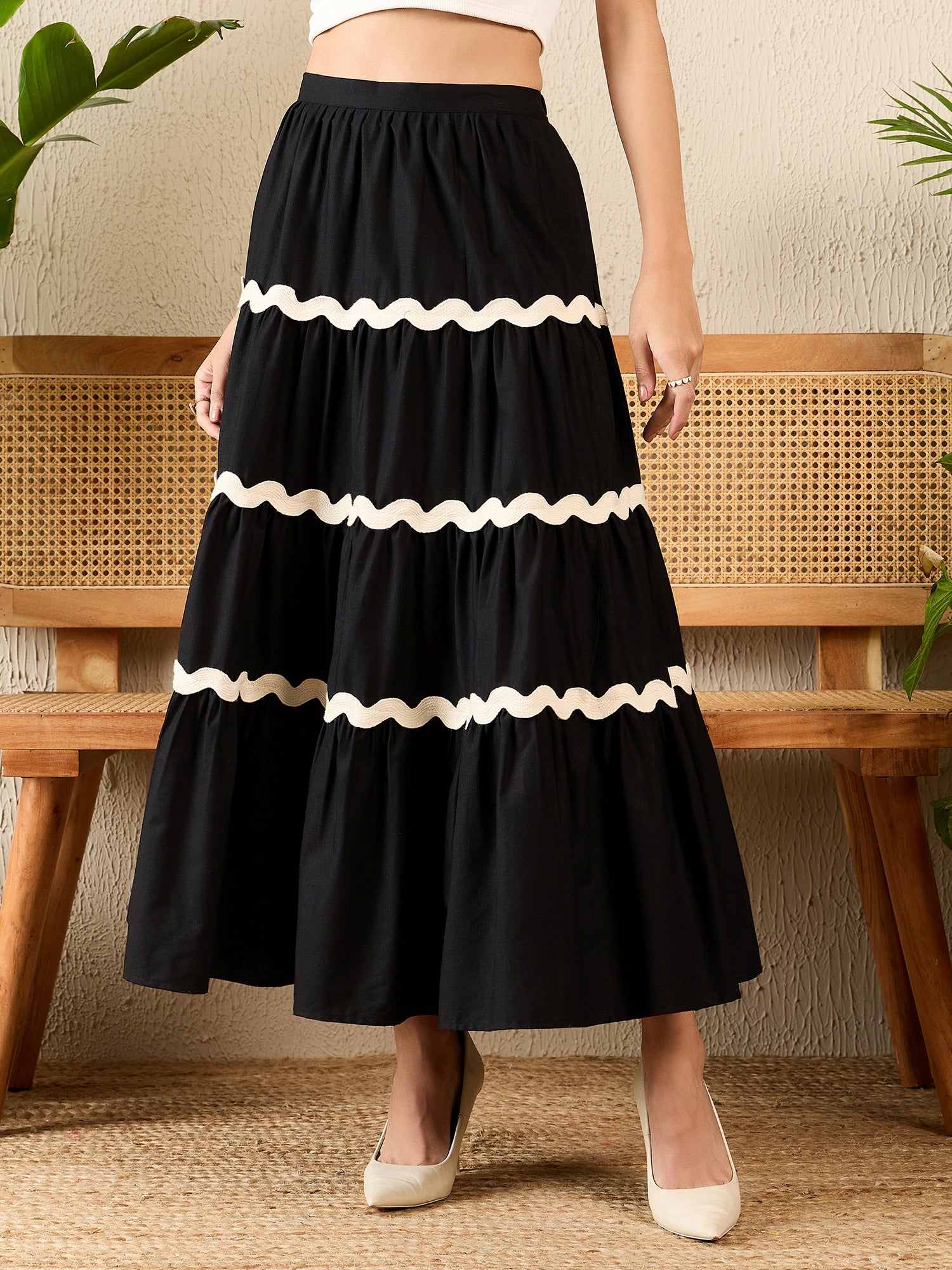 Ric-Rac Cotton Tiered Maxi Skirt - Uptownie