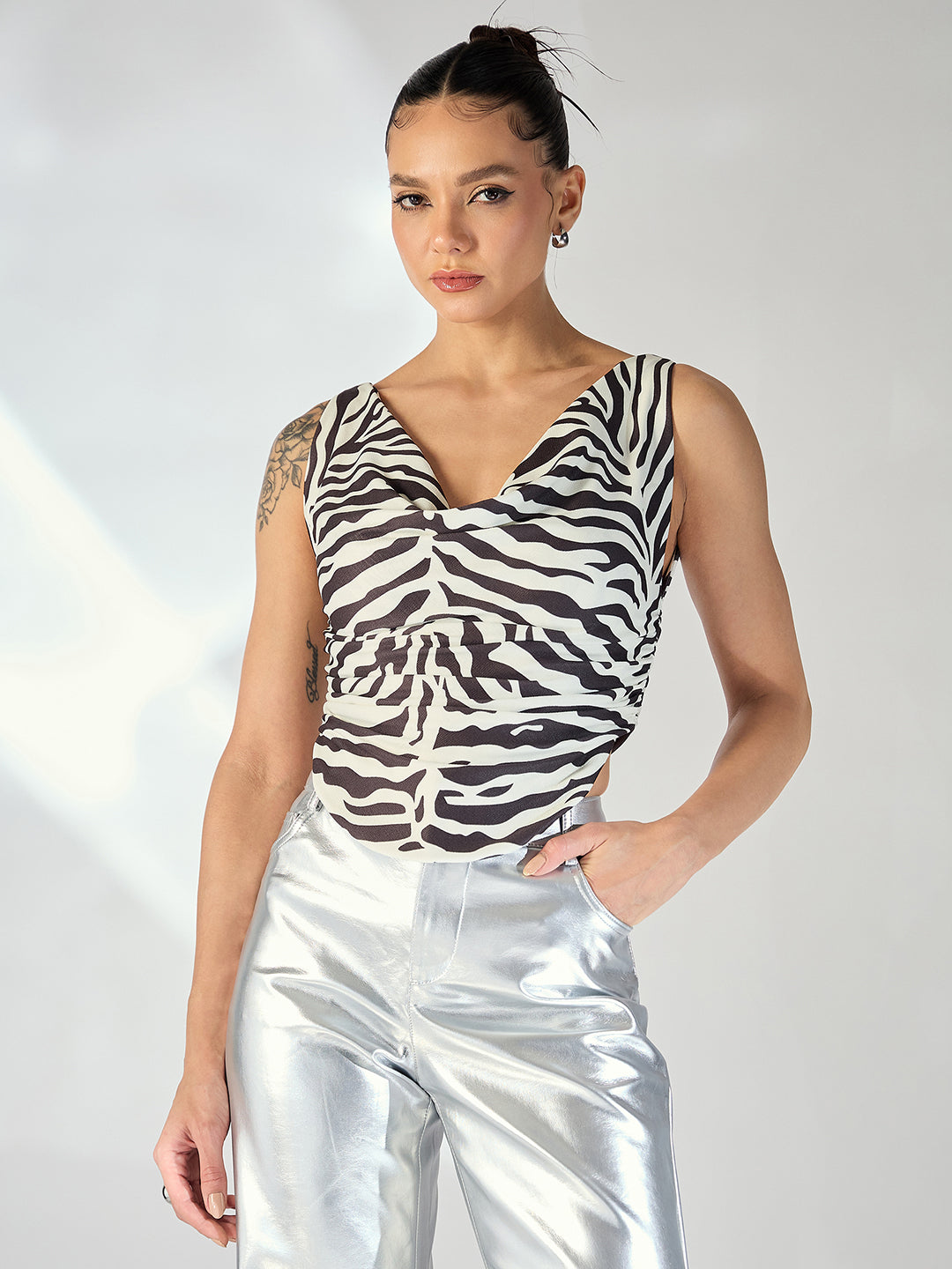 Printed Cotton Stretchable Draped Crop Top - Uptownie