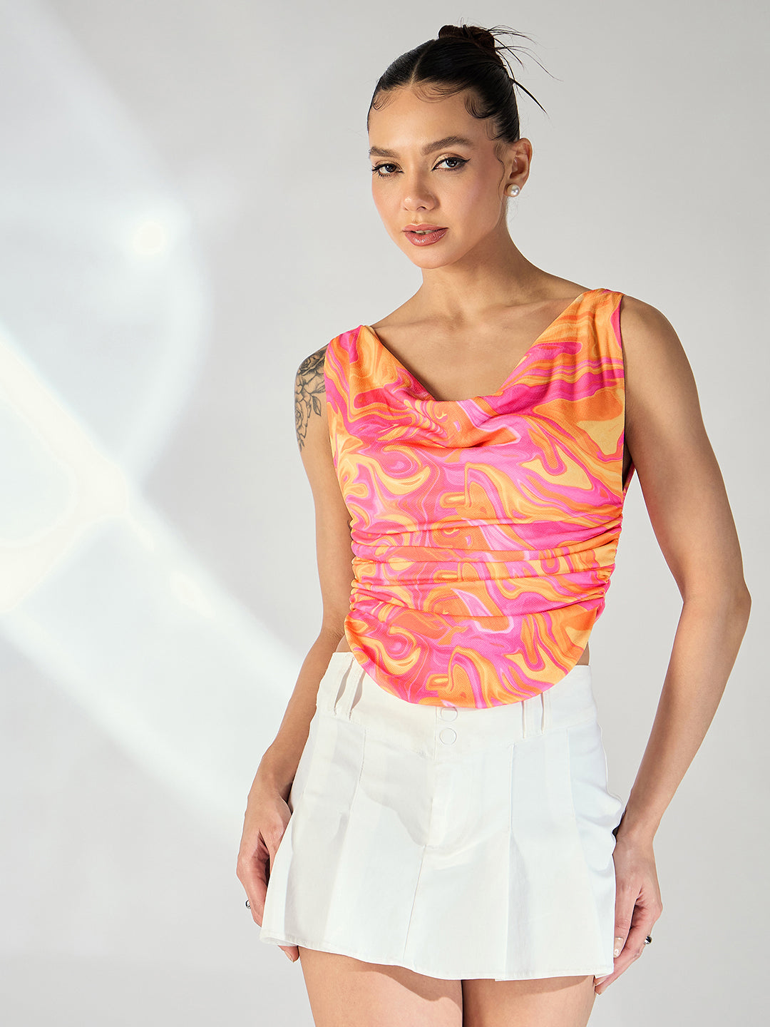 Printed Cotton Stretchable Draped Crop Top - Uptownie