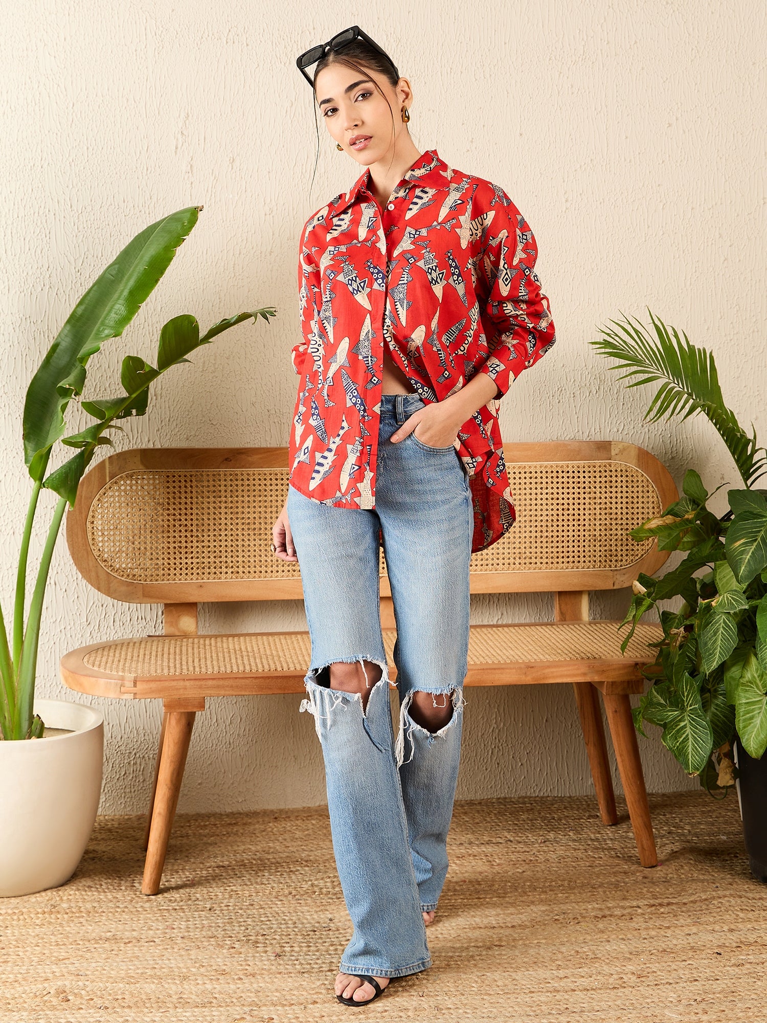 Printed Asymmetrical Cotton Shirt - Uptownie