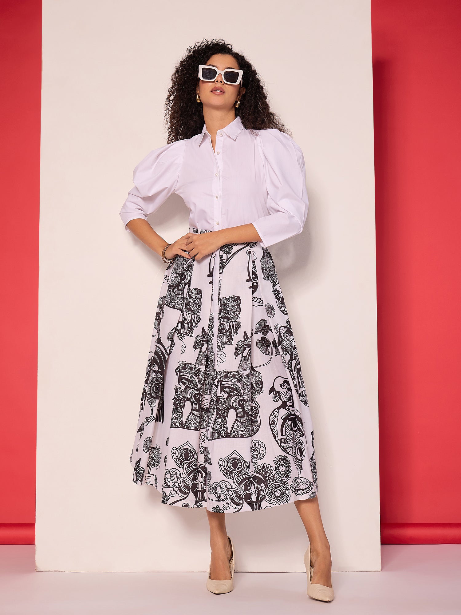 Pleated Midi Skirt Business Casual Skirt 5t Tailored Buckle Detail