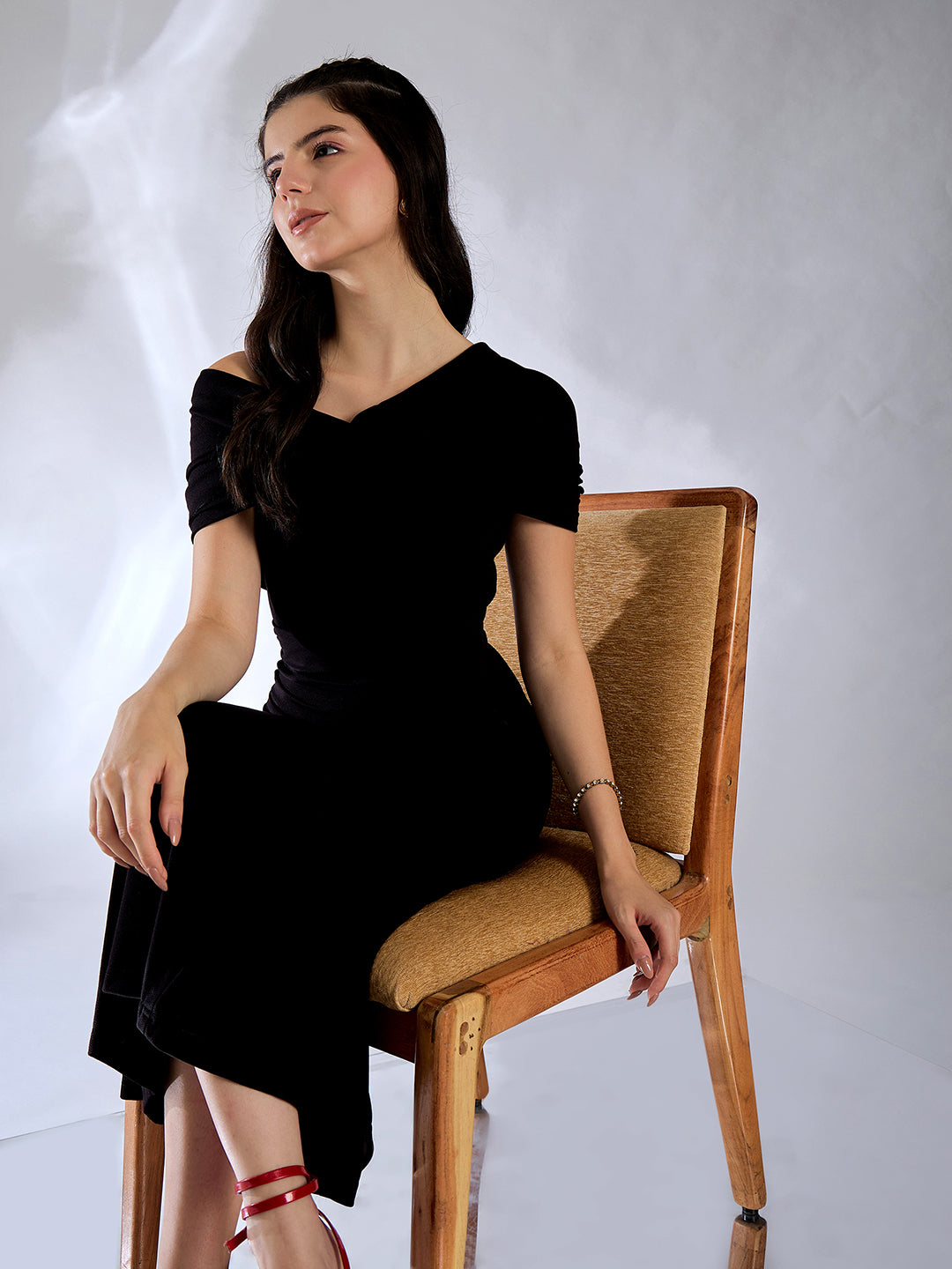 Off Shoulder Fit & Flare Midi Dress - Uptownie