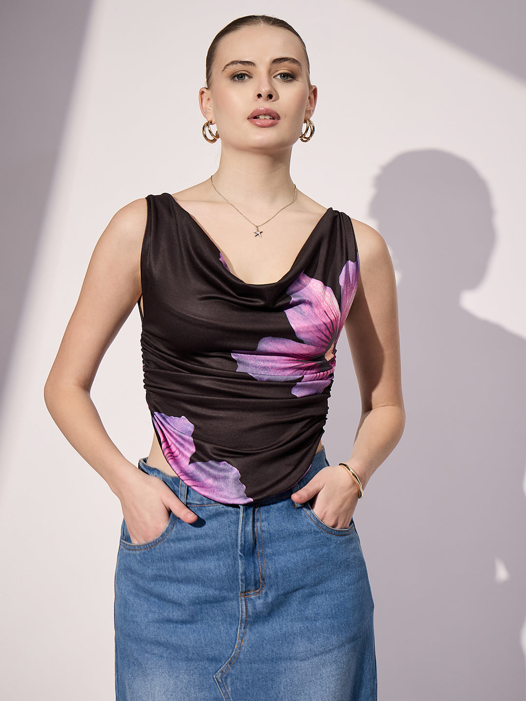 Printed Cotton Stretchable Draped Crop Top - Uptownie