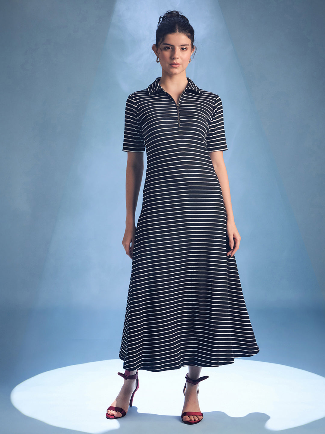 Stretchable Front Zip-up Midi Dress - Uptownie