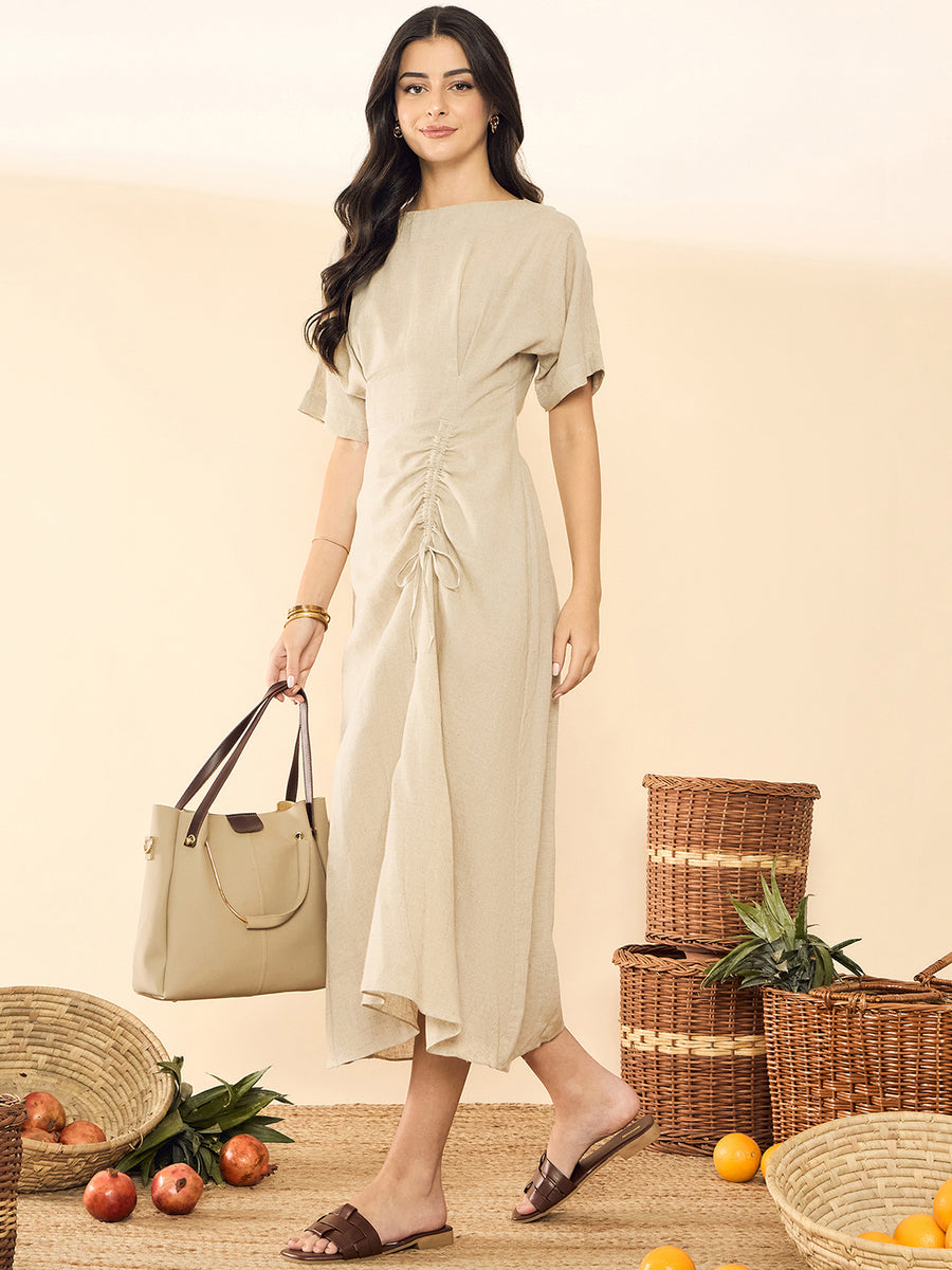 Linen Drawstring Midi Dress (with Lining)