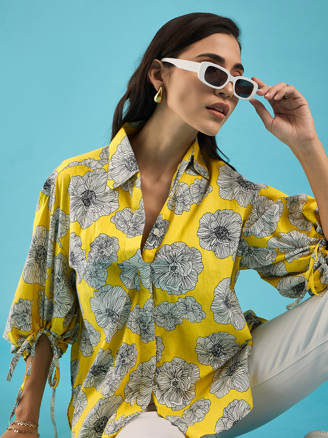 Printed Cotton Shirt with Tie Up Sleeves - Uptownie