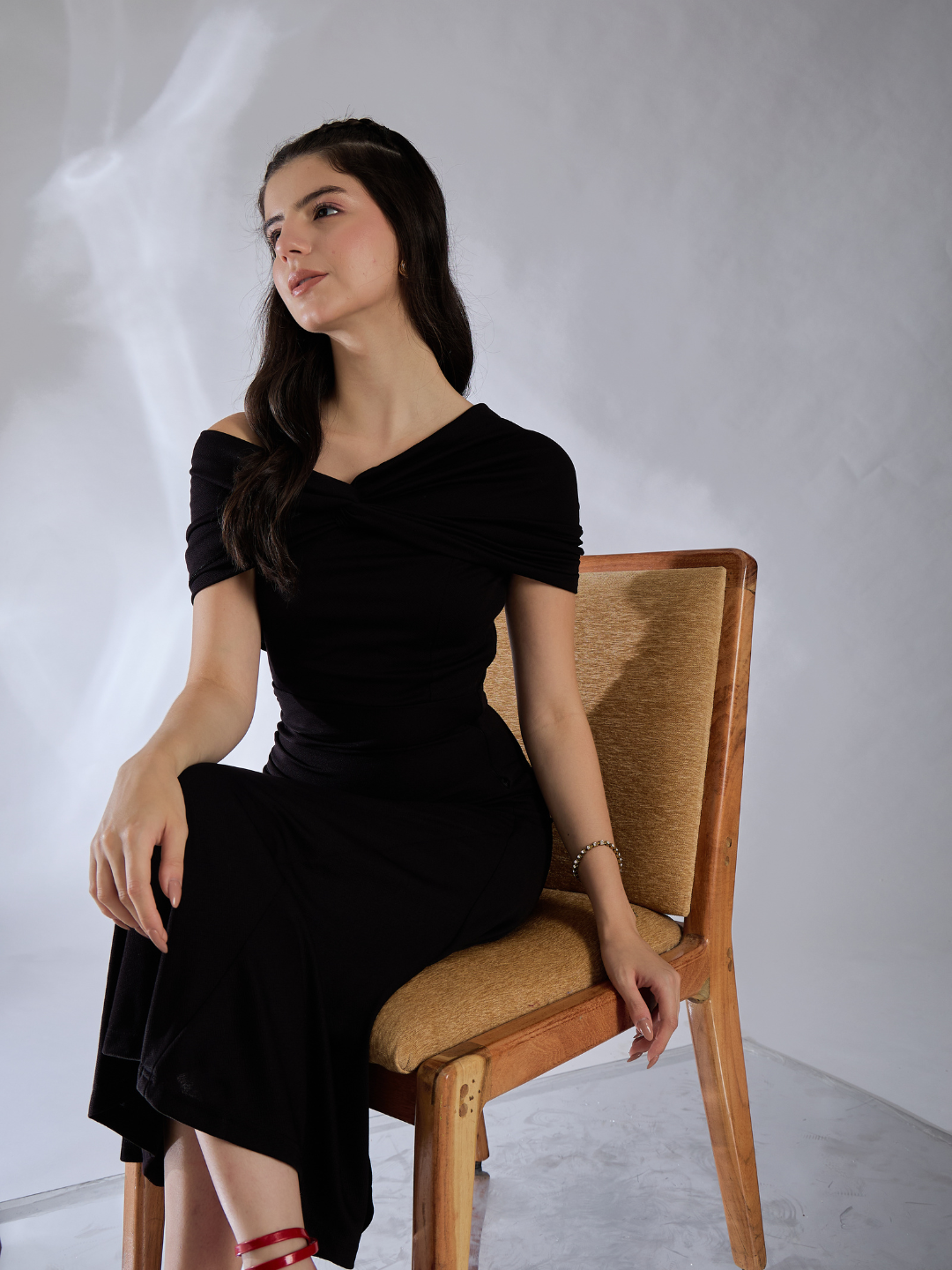Off Shoulder Fit & Flare Midi Dress - Uptownie