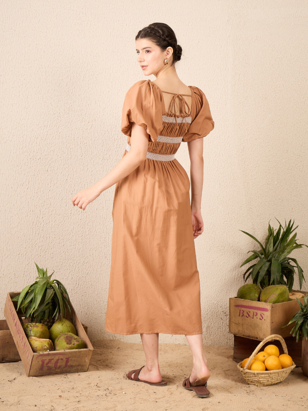 Puff Sleeve Smocked Midi Dress - Uptownie