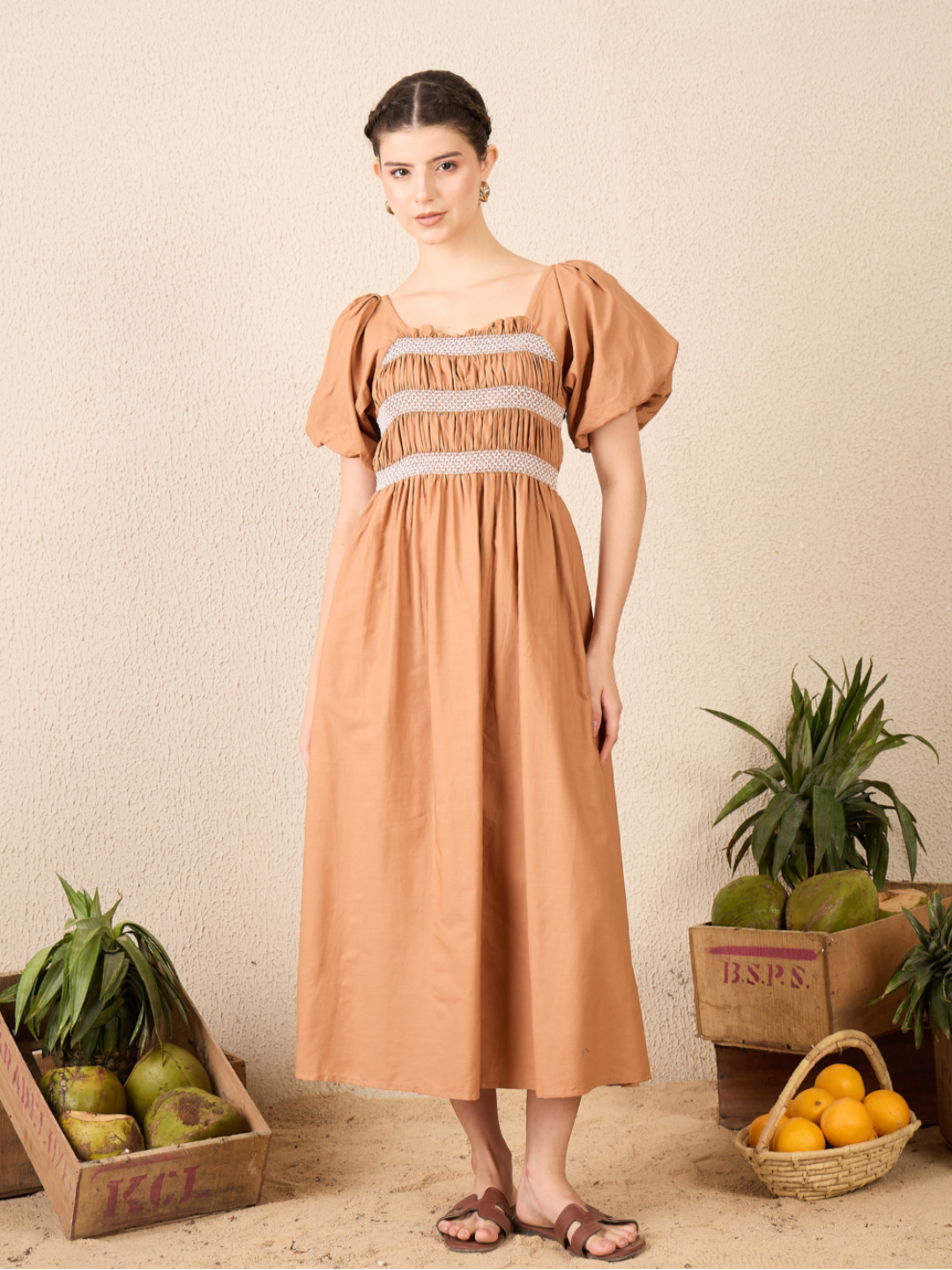 Puff Sleeve Smocked Midi Dress - Uptownie
