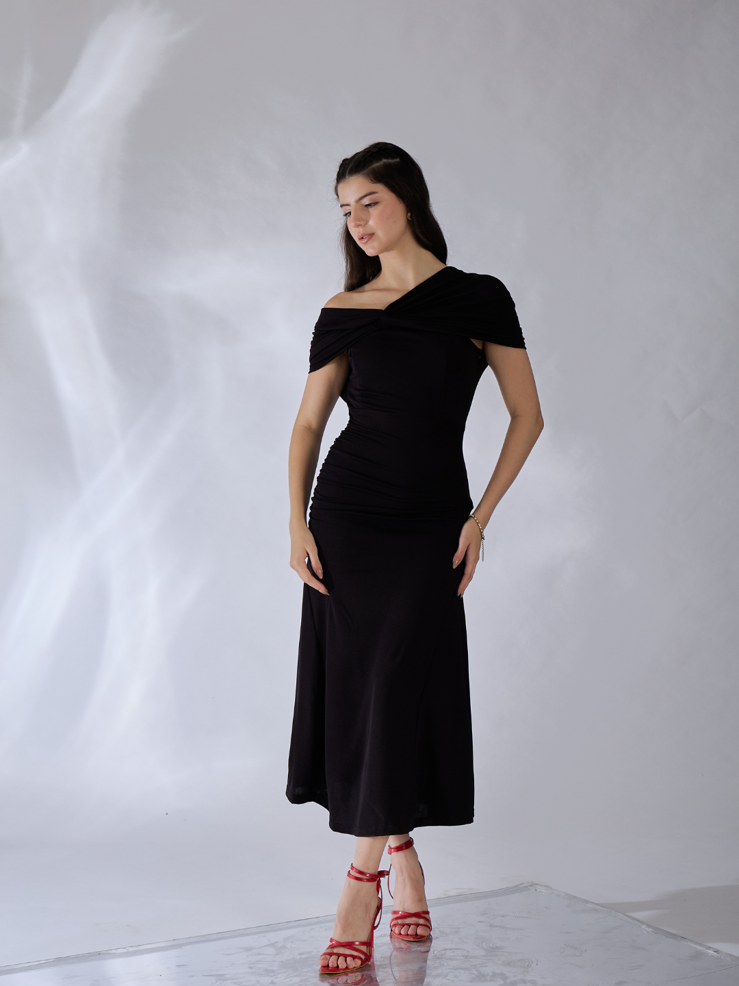 Off Shoulder Fit & Flare Midi Dress - Uptownie