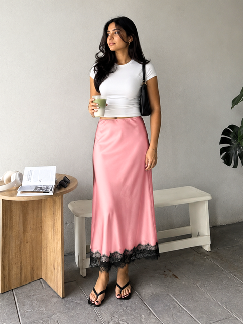 Lace Satin Midi Skirt