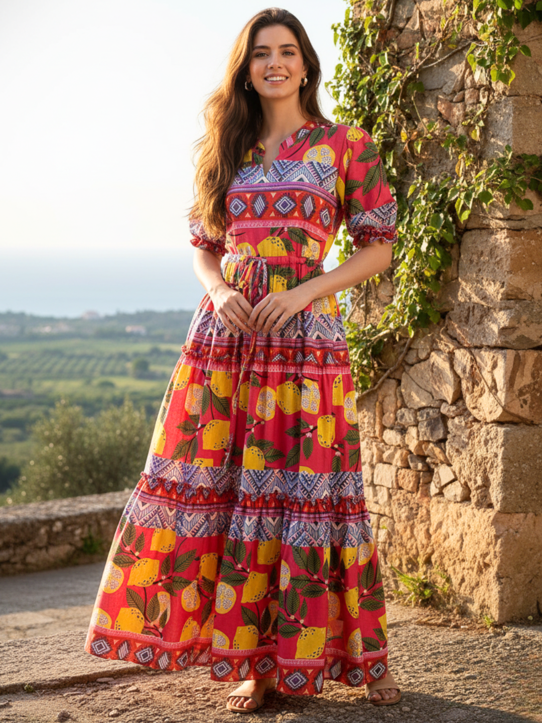 Puffed Sleeve Tiered Cotton Maxi Dress