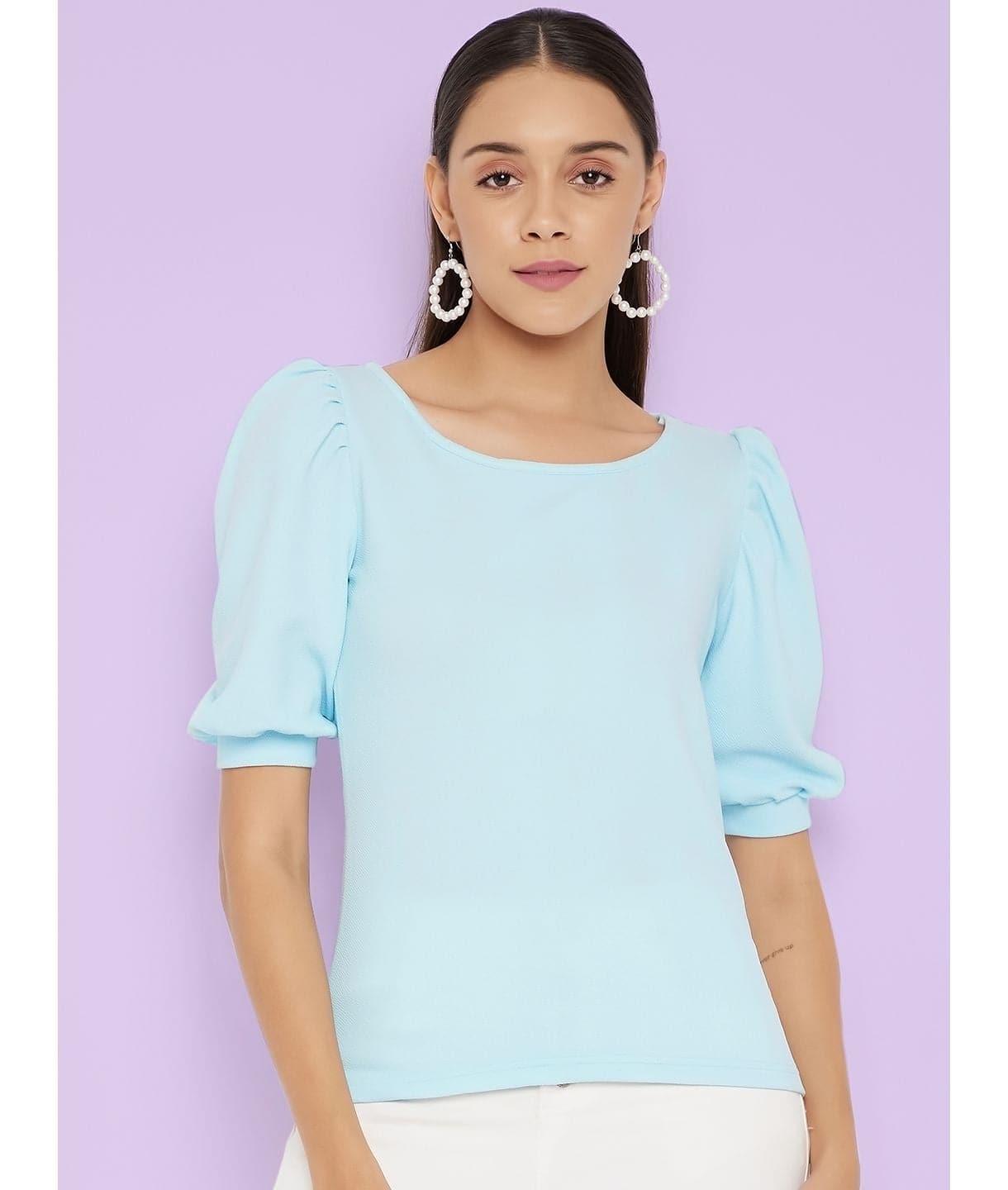 Cotton Solid Stretchable Round Neck Puff Sleeve Top - Uptownie