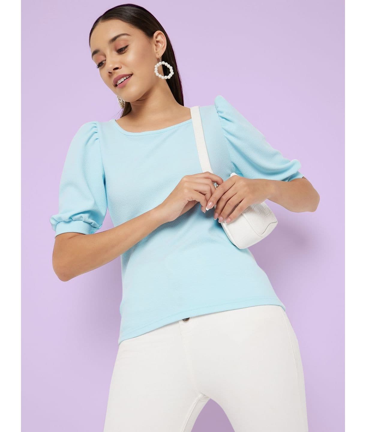 Cotton Solid Stretchable Round Neck Puff Sleeve Top - Uptownie