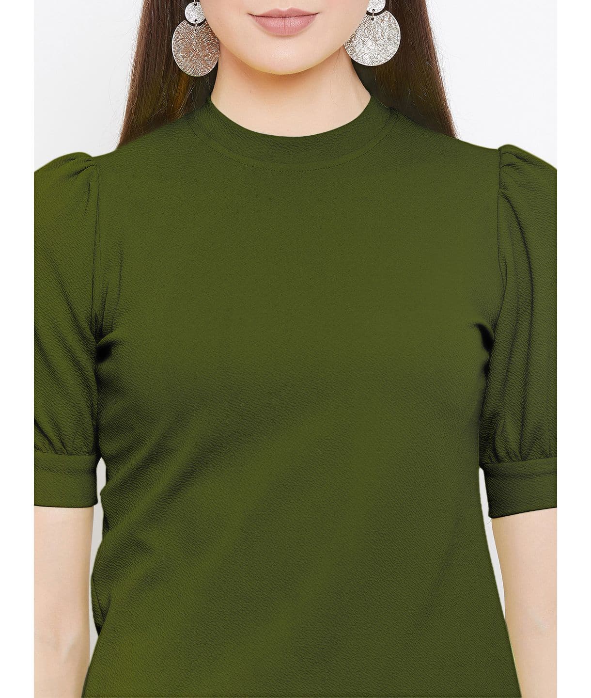 Cotton Solid Stretchable High Neck Puff Sleeve Top - Uptownie