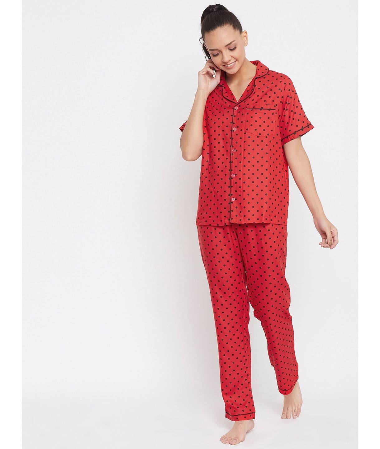 Plus Red Polka Print Cotton Night Suit - Uptownie