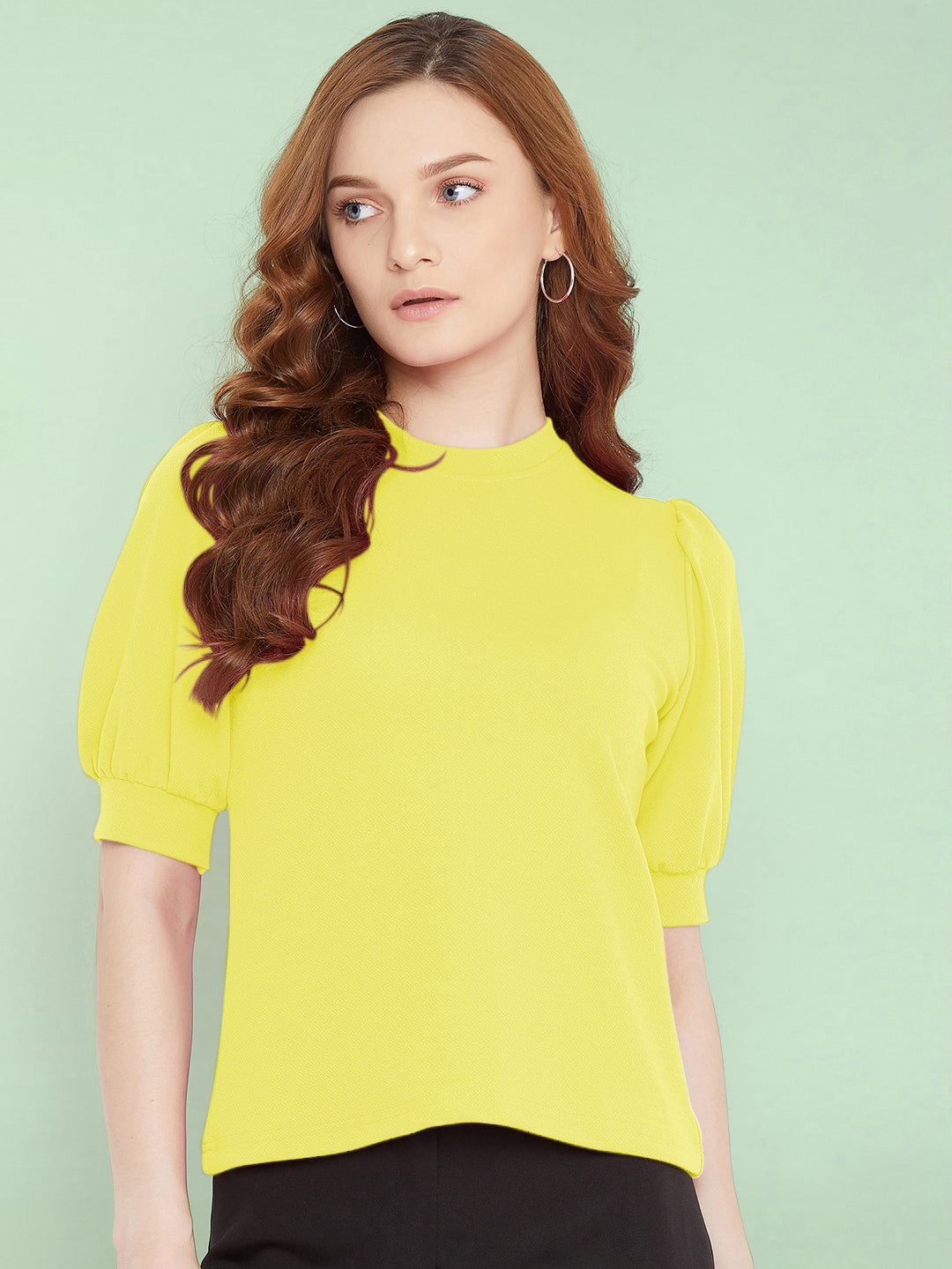 Cotton Solid Stretchable High Neck Puff Sleeve Top - Uptownie