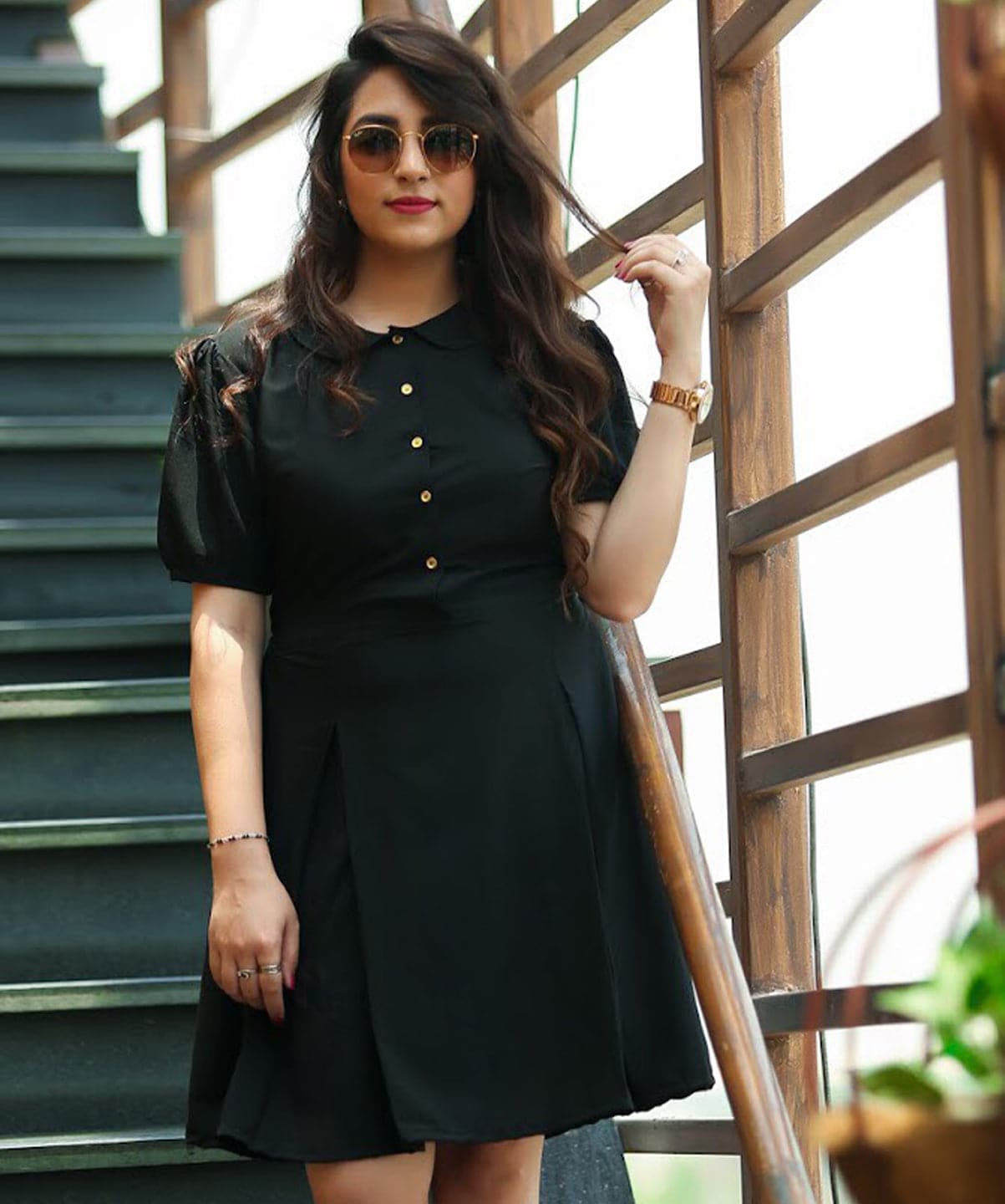 Plus Solid Black Peterpan Collar Skater Dress - Uptownie