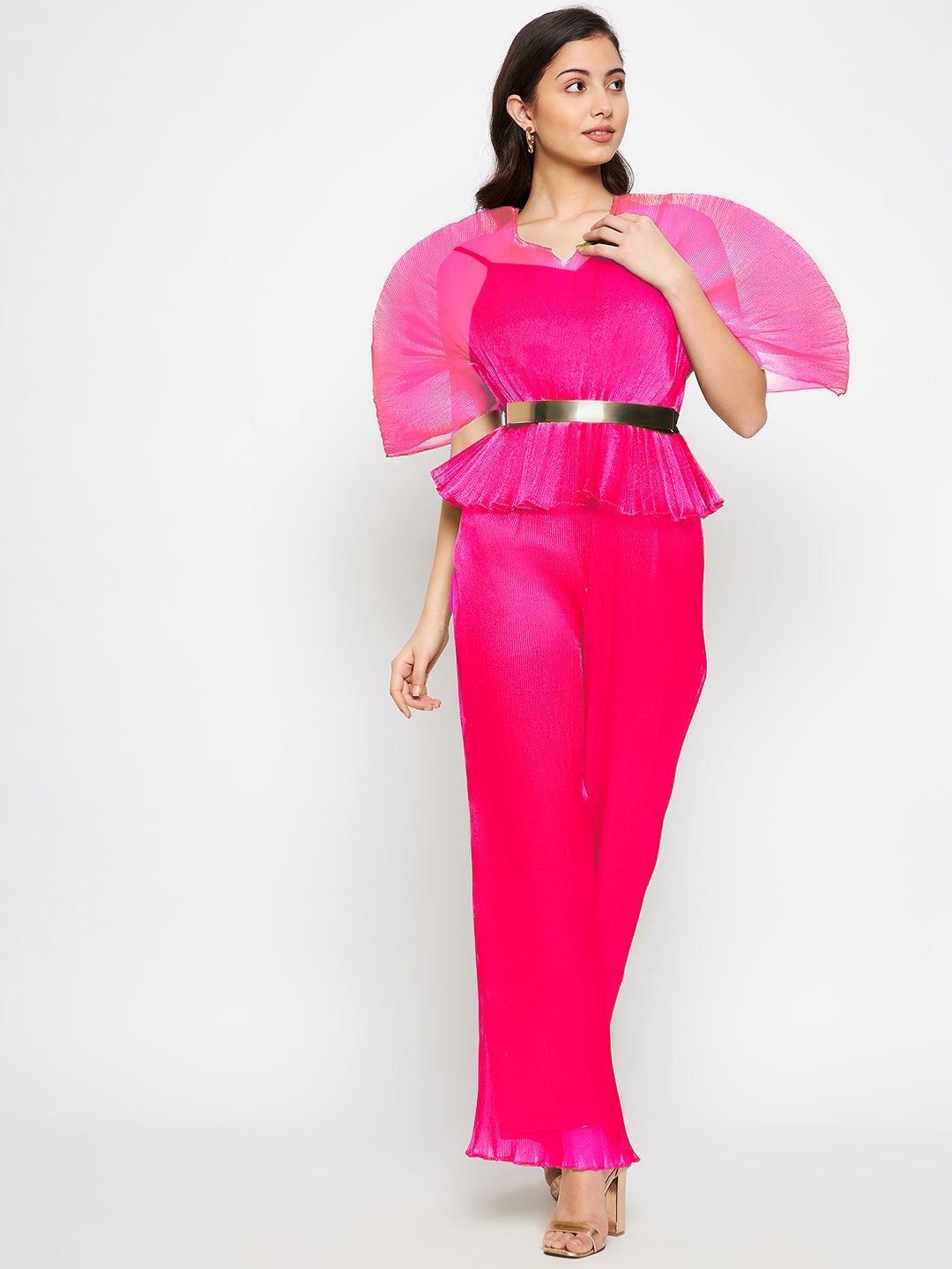 Pleated Organza Exaggerated Sleeves Top and Pants Set - Uptownie