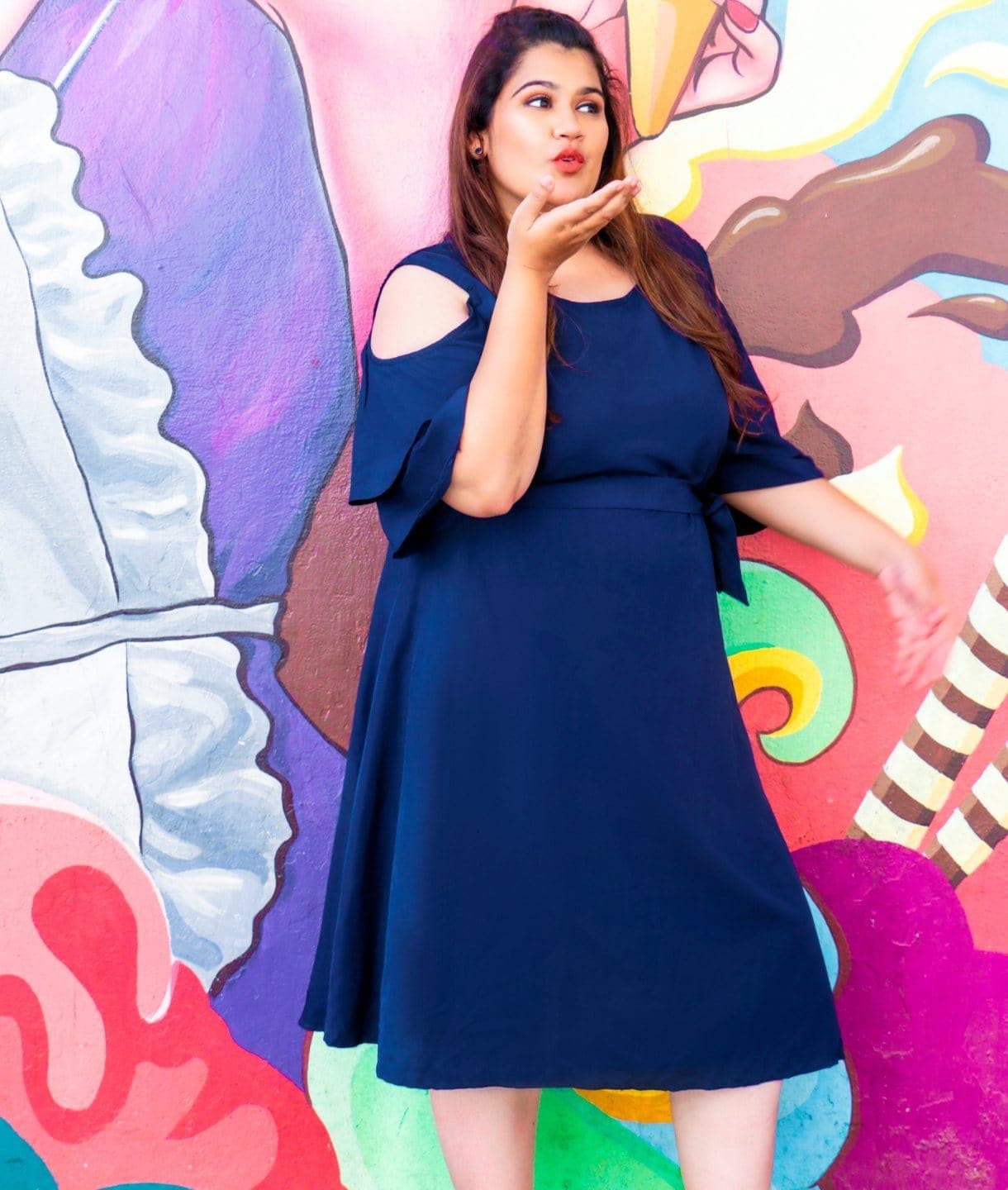 Solid Blue Cold Shoulder Ruffle Skater Dress - Uptownie
