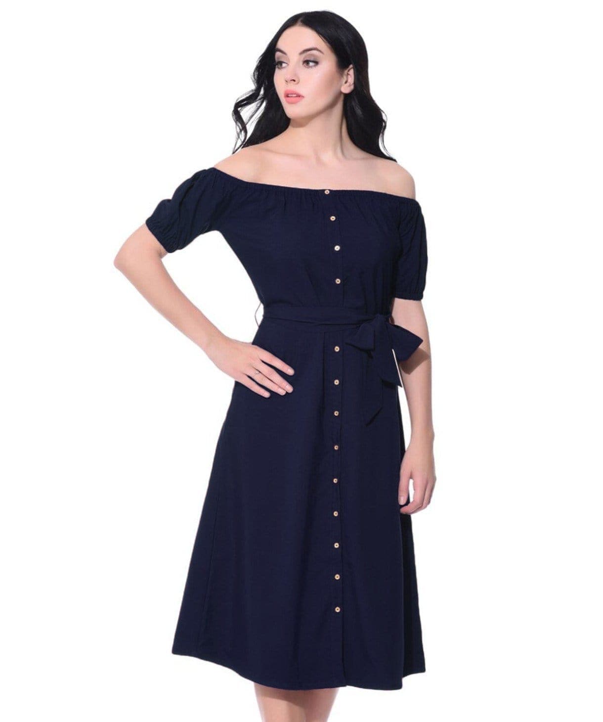 Solid Navy Off Shoulder Buttoned Down Dress - Uptownie