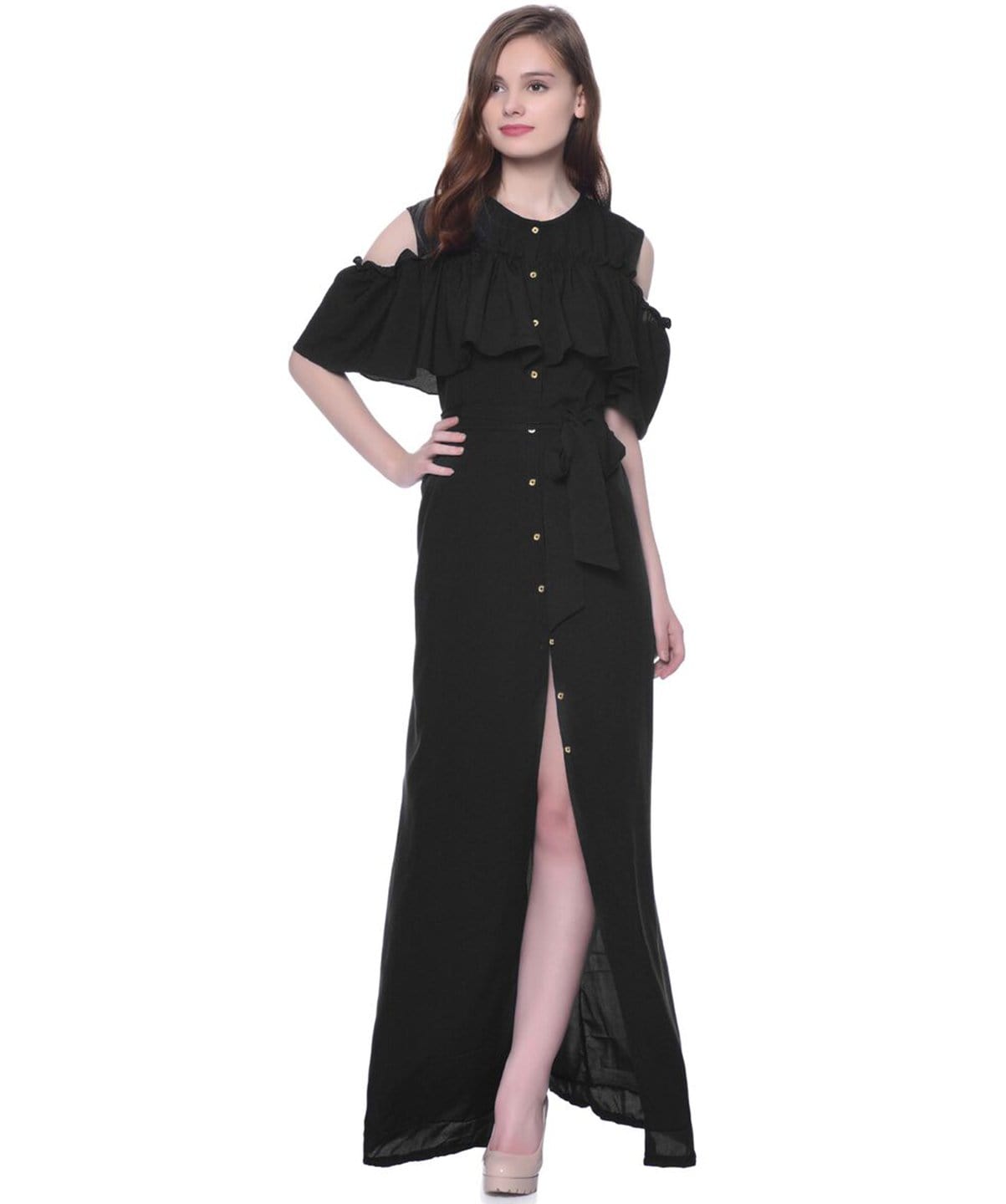 Ruffled Buttoned Cold Shoulder Maxi Dress - Uptownie