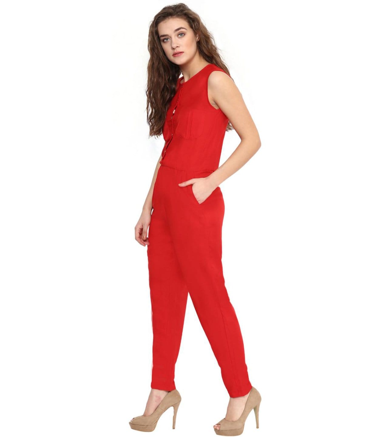 Solid Red Buttoned Jumpsuit - Uptownie