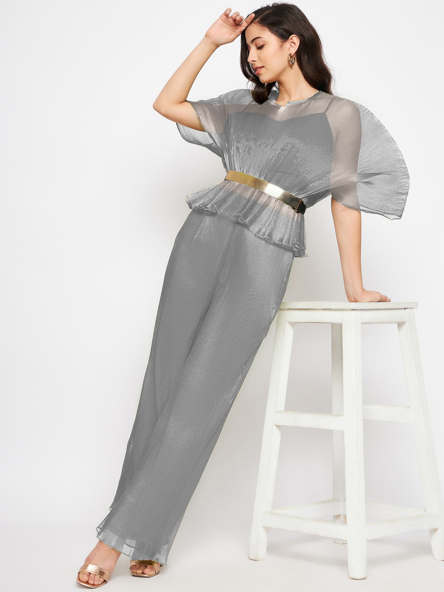 Pleated Organza Exaggerated Sleeves Top and Pants Set - Uptownie