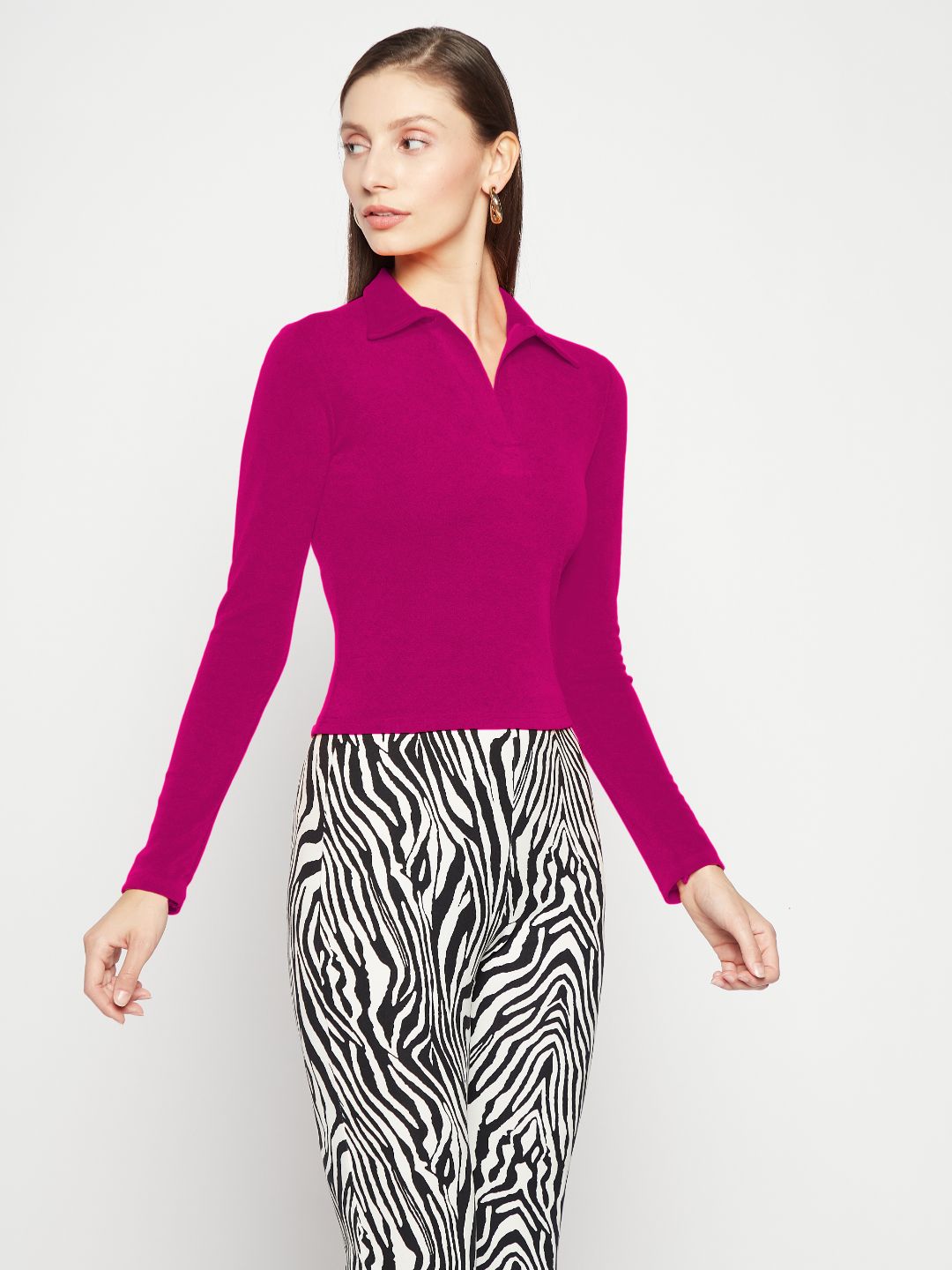 Stretchable Cotton Full Sleeve Collared Top - Uptownie