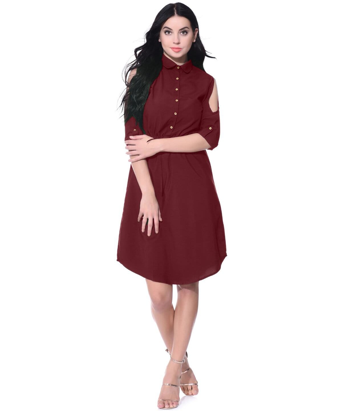 Solid Maroon Cold Shoulder Collared Dress - Uptownie