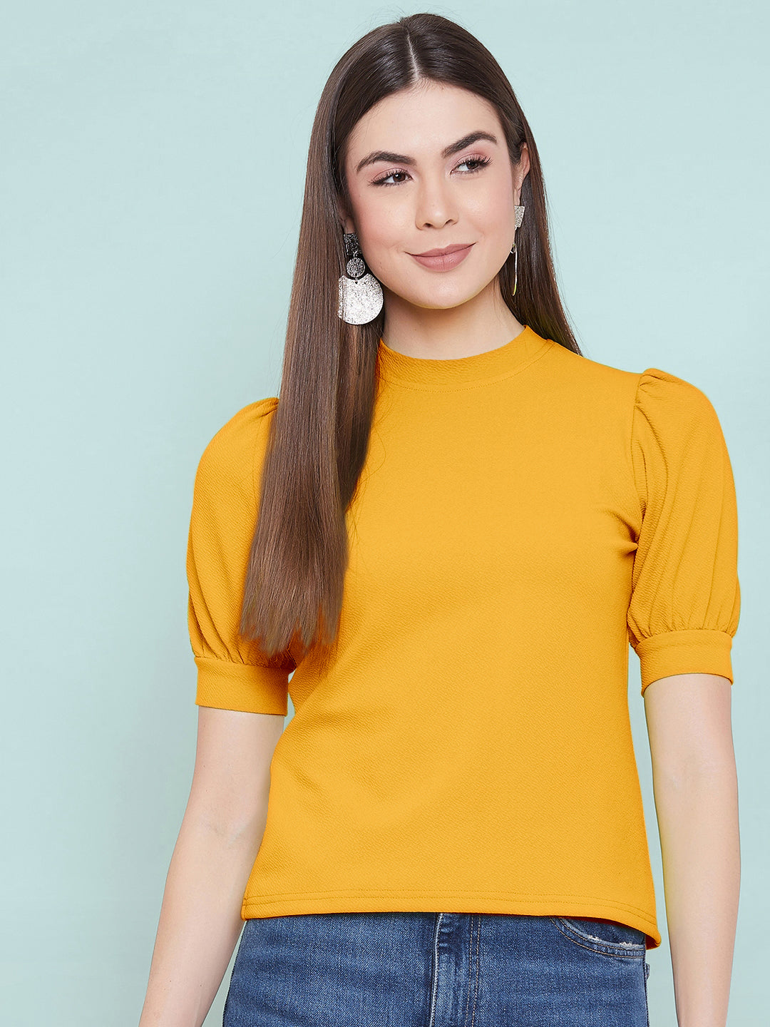 Cotton Solid Stretchable High Neck Puff Sleeve Top - Uptownie