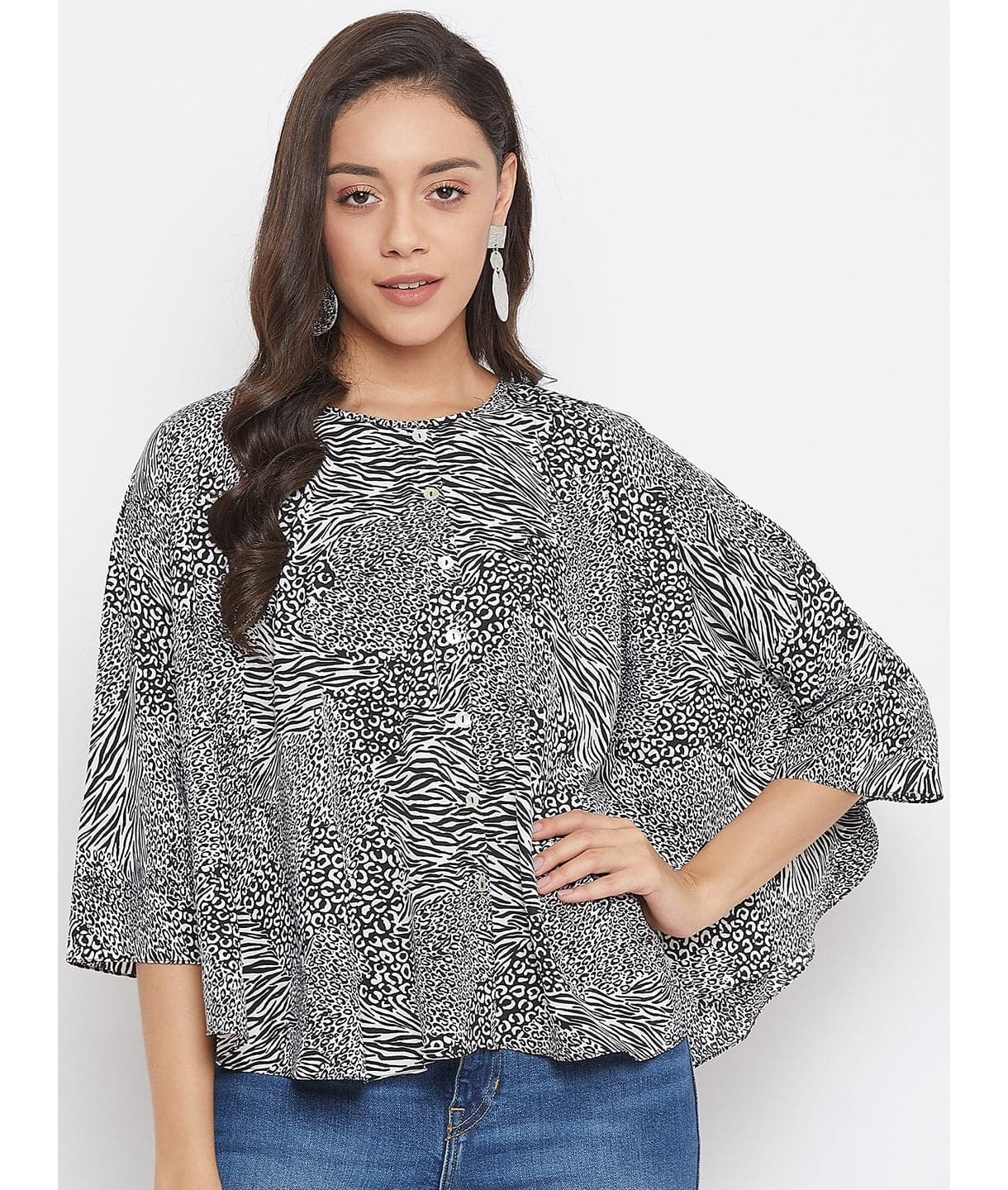 Plus Printed Buttoned Crepe Cape Top - Uptownie
