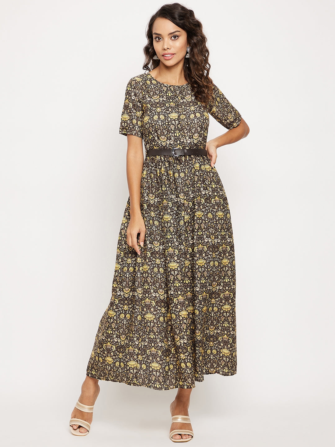 Printed Maxi Dress with Belt - Uptownie