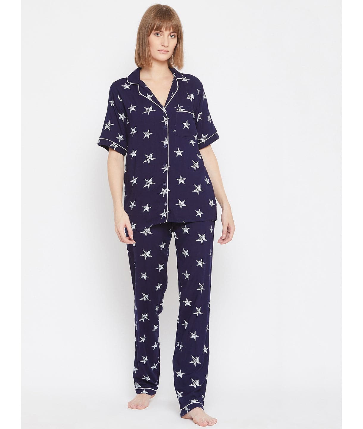 Plus Navy Star Print Cotton Night Suit - Uptownie