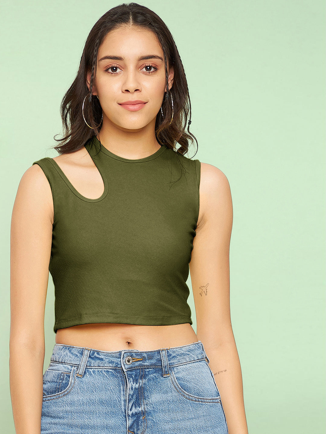 Cotton Stretchable Shoulder Cutout Crop Top - Uptownie