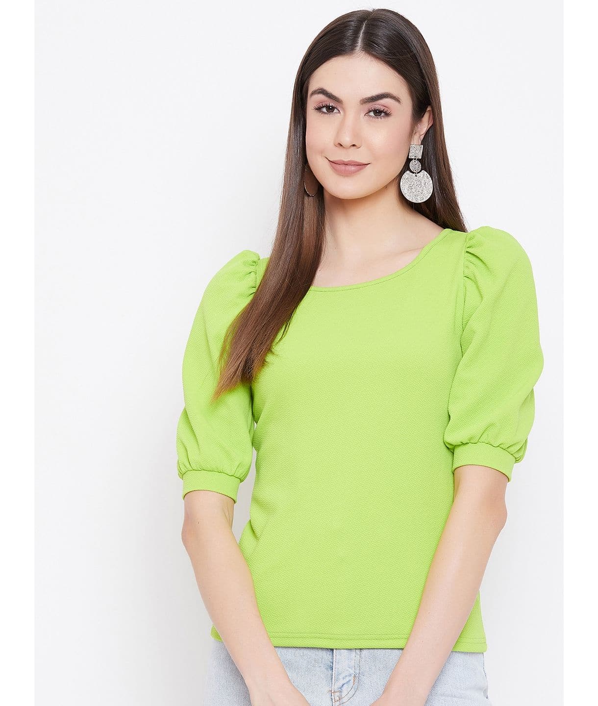 Plus Cotton Solid Stretchable Puff Sleeve Top - Uptownie