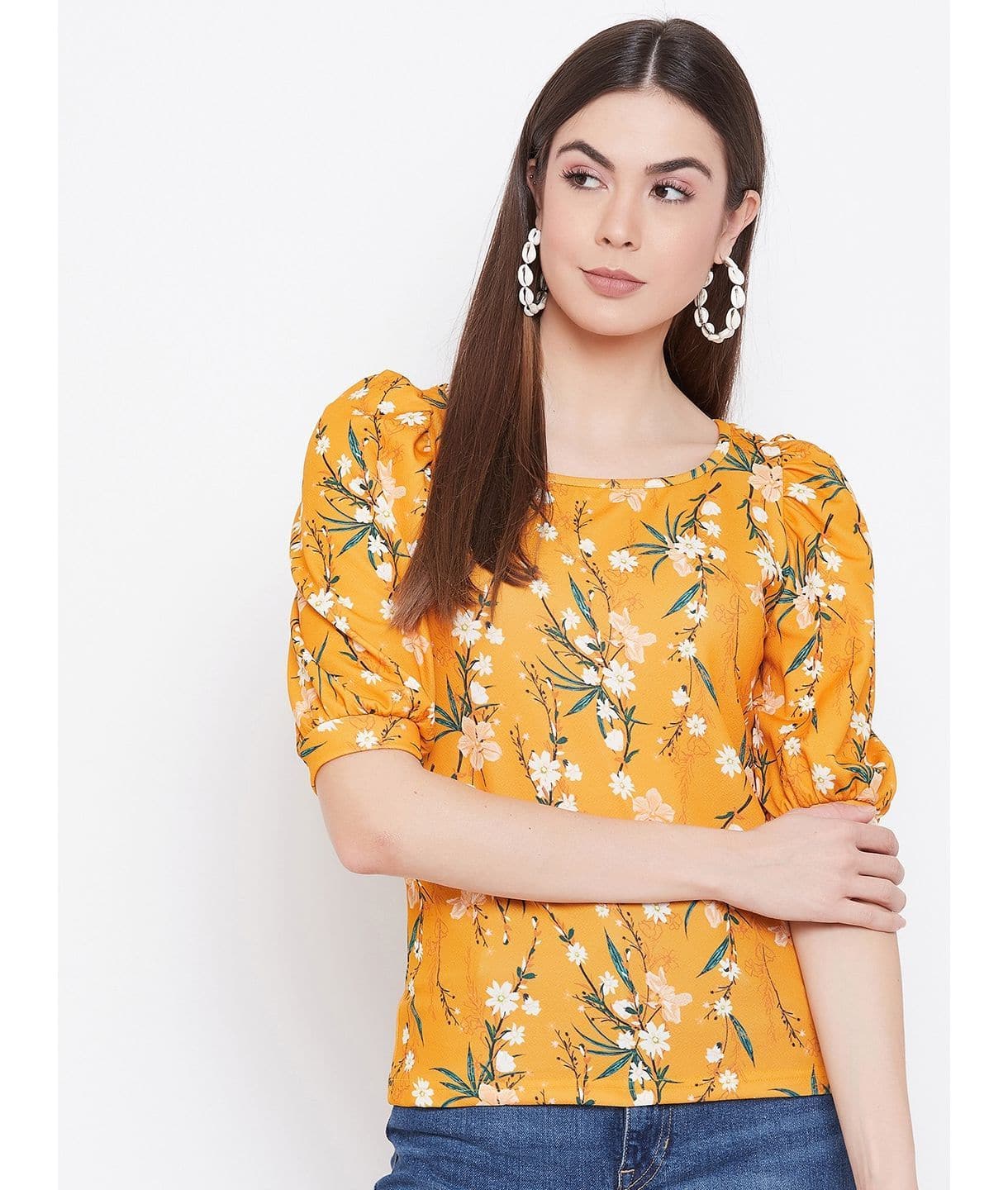 Plus Cotton Floral Stretchable Puff Sleeve Top - Uptownie