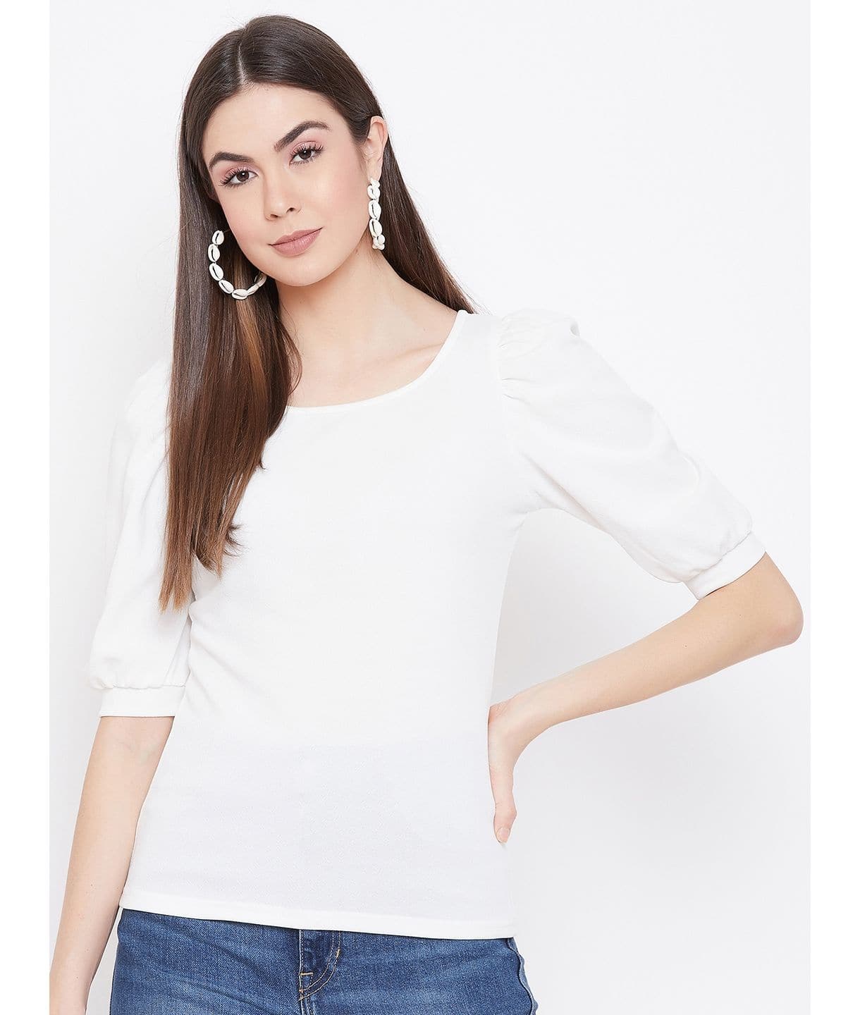 Plus Cotton Solid Stretchable Puff Sleeve Top - Uptownie