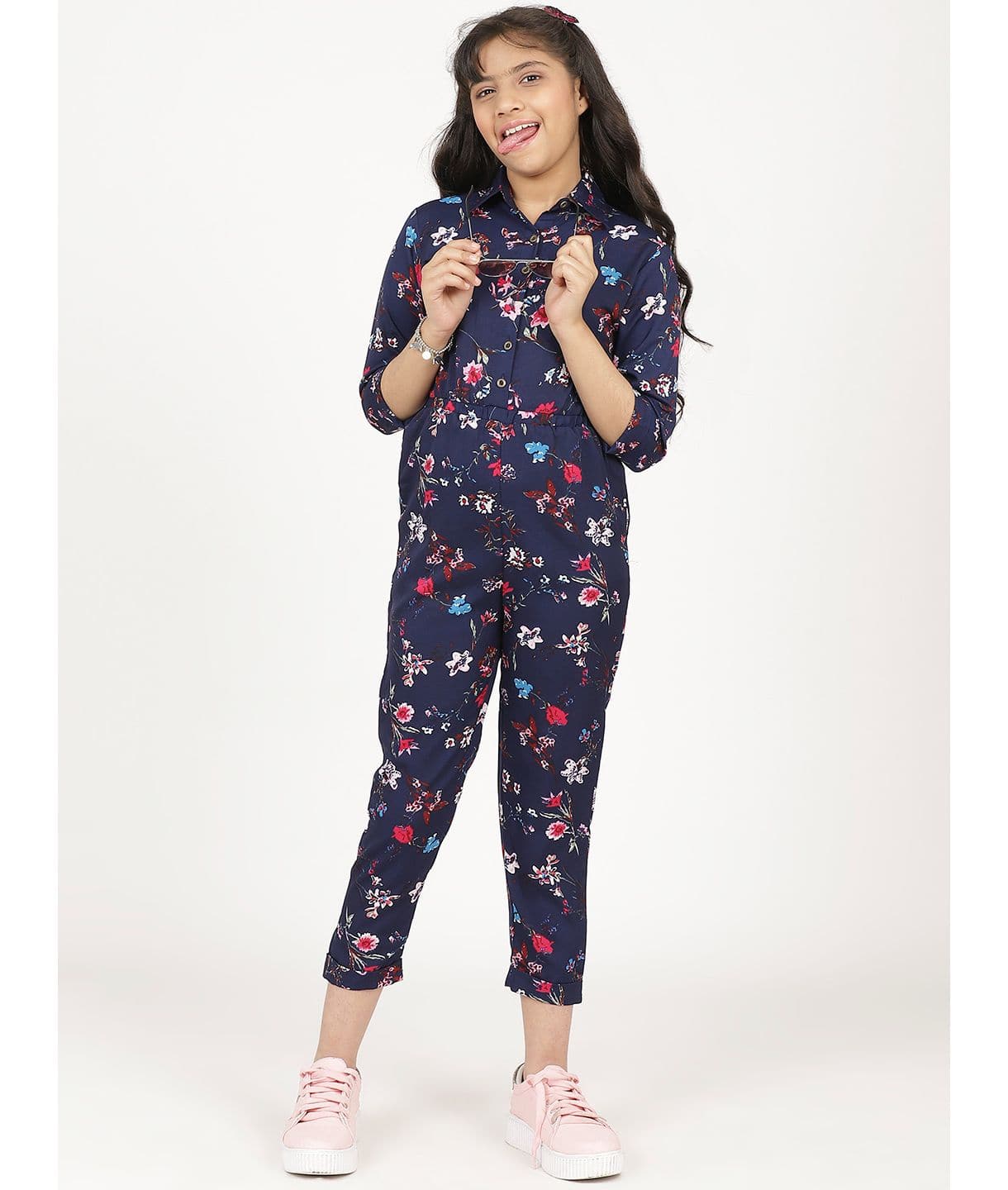 Floral Roll-up Jumpsuit for Girls - Uptownie