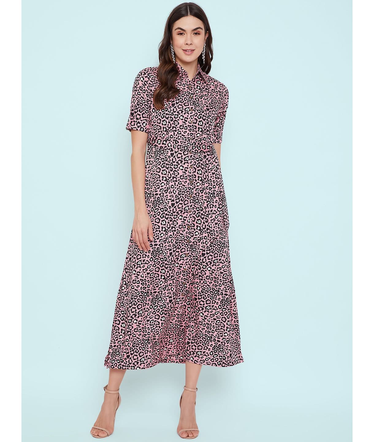 Plus Pink Animal Printed Collar Buttoned Down Shirt Maxi Dress - Uptownie
