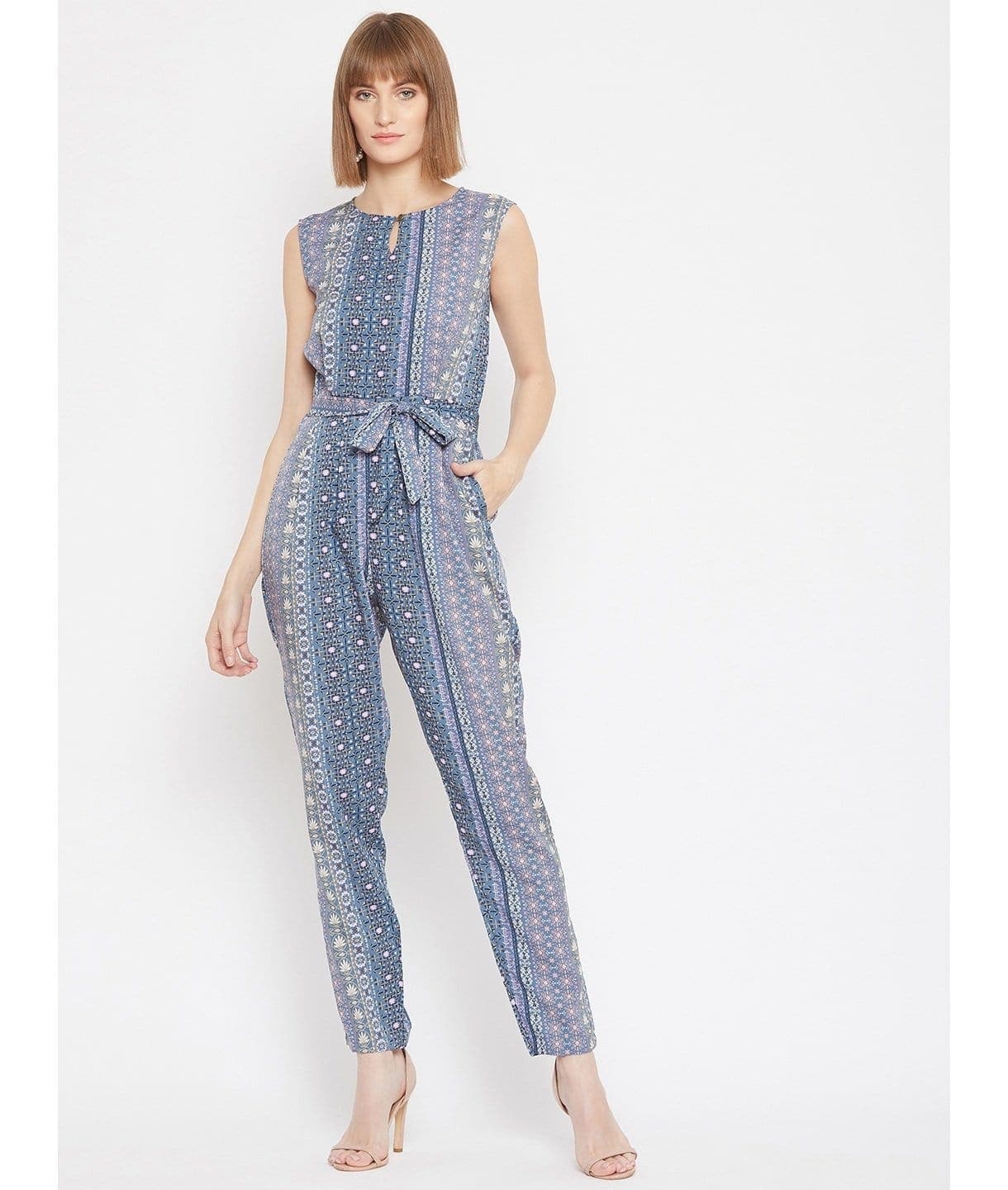 Printed Keyhole Jumpsuit with Belt - Uptownie
