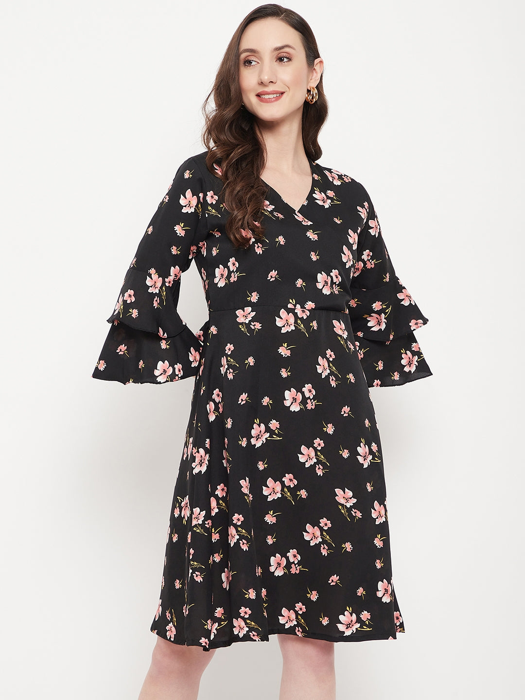 Wrap Bell Sleeves Skater Dress - Uptownie