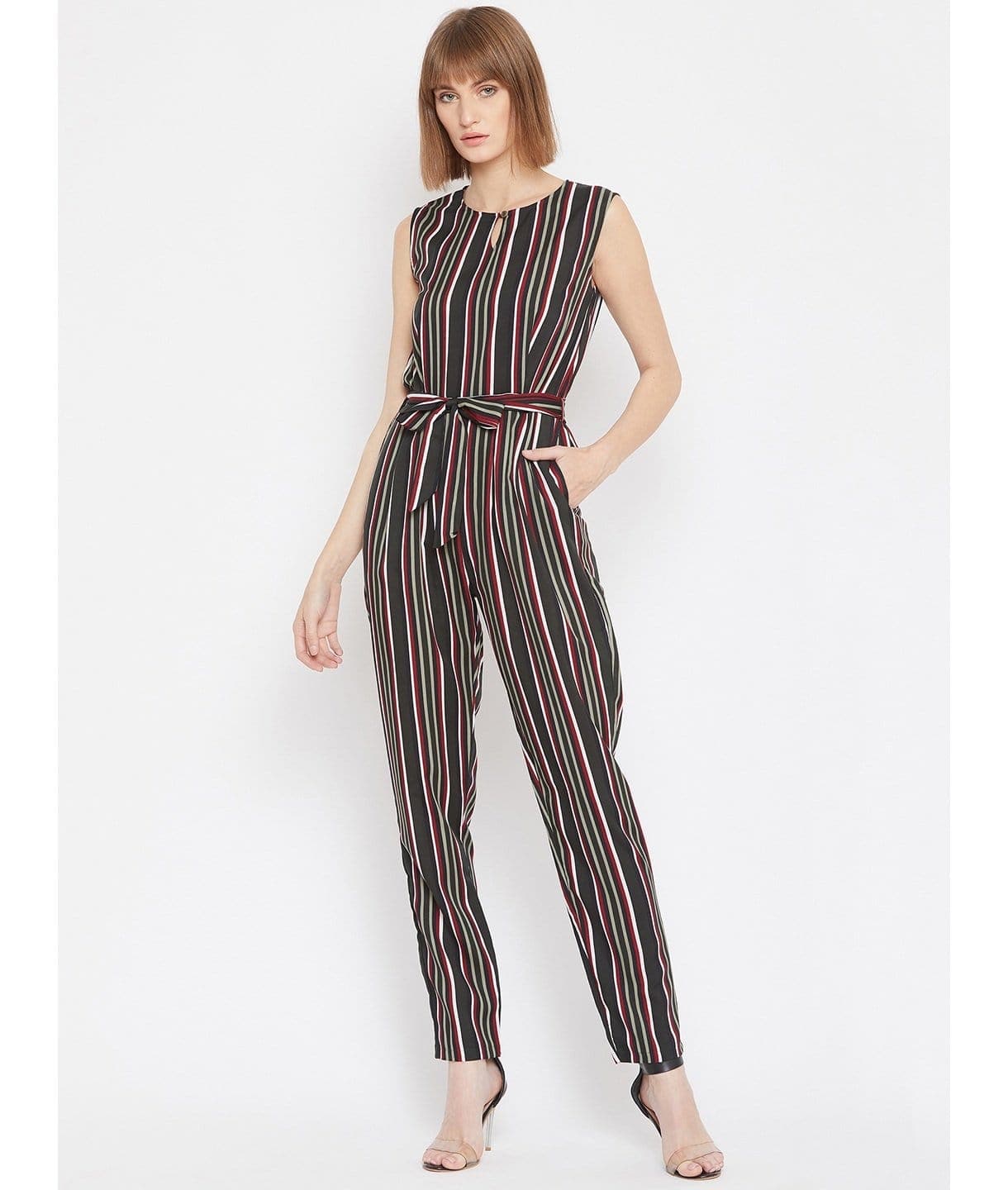 Striped Keyhole Jumpsuit with Belt - Uptownie
