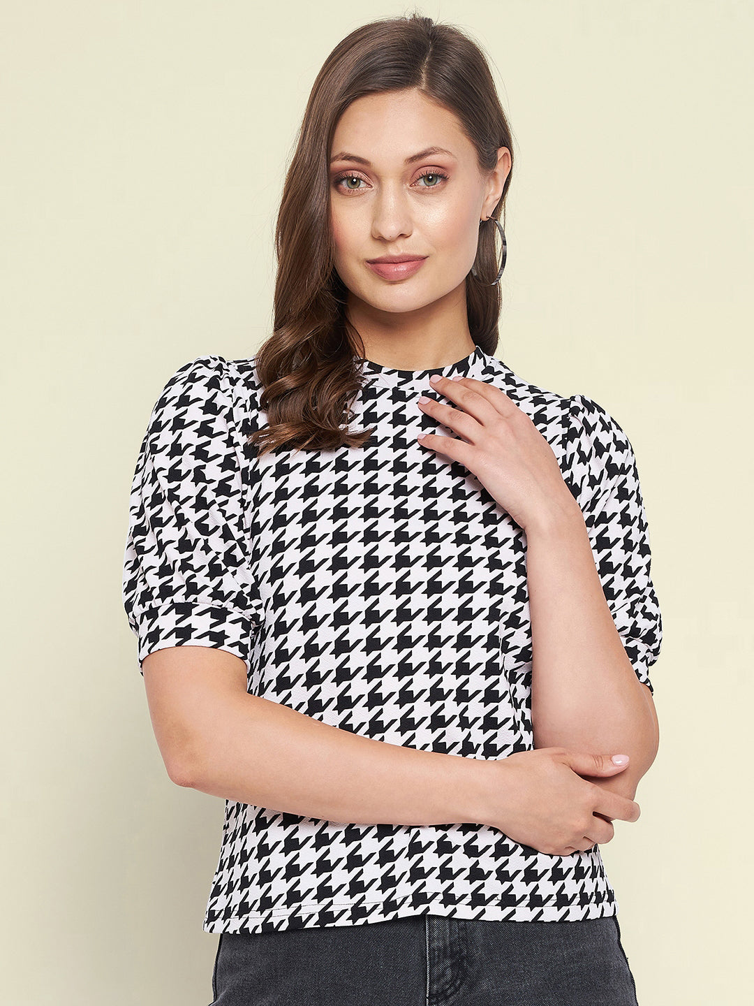 Cotton Geometric Stretchable High Neck Puff Sleeve Top - Uptownie