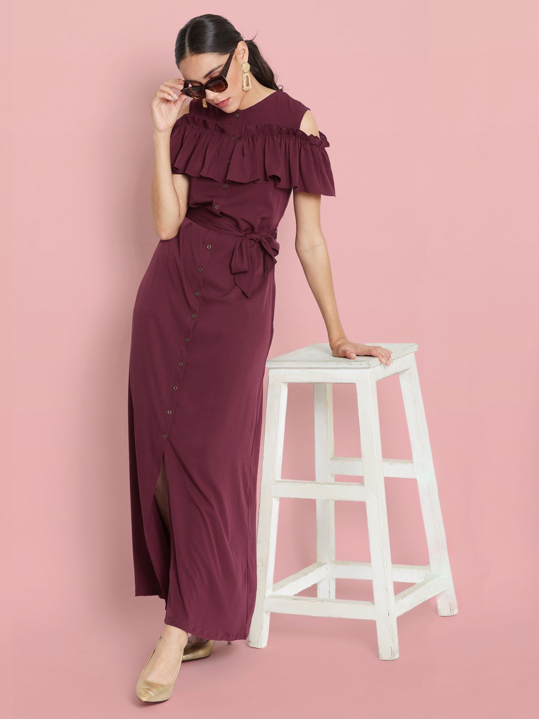 Ruffled Buttoned Cold Shoulder Maxi Dress - Uptownie